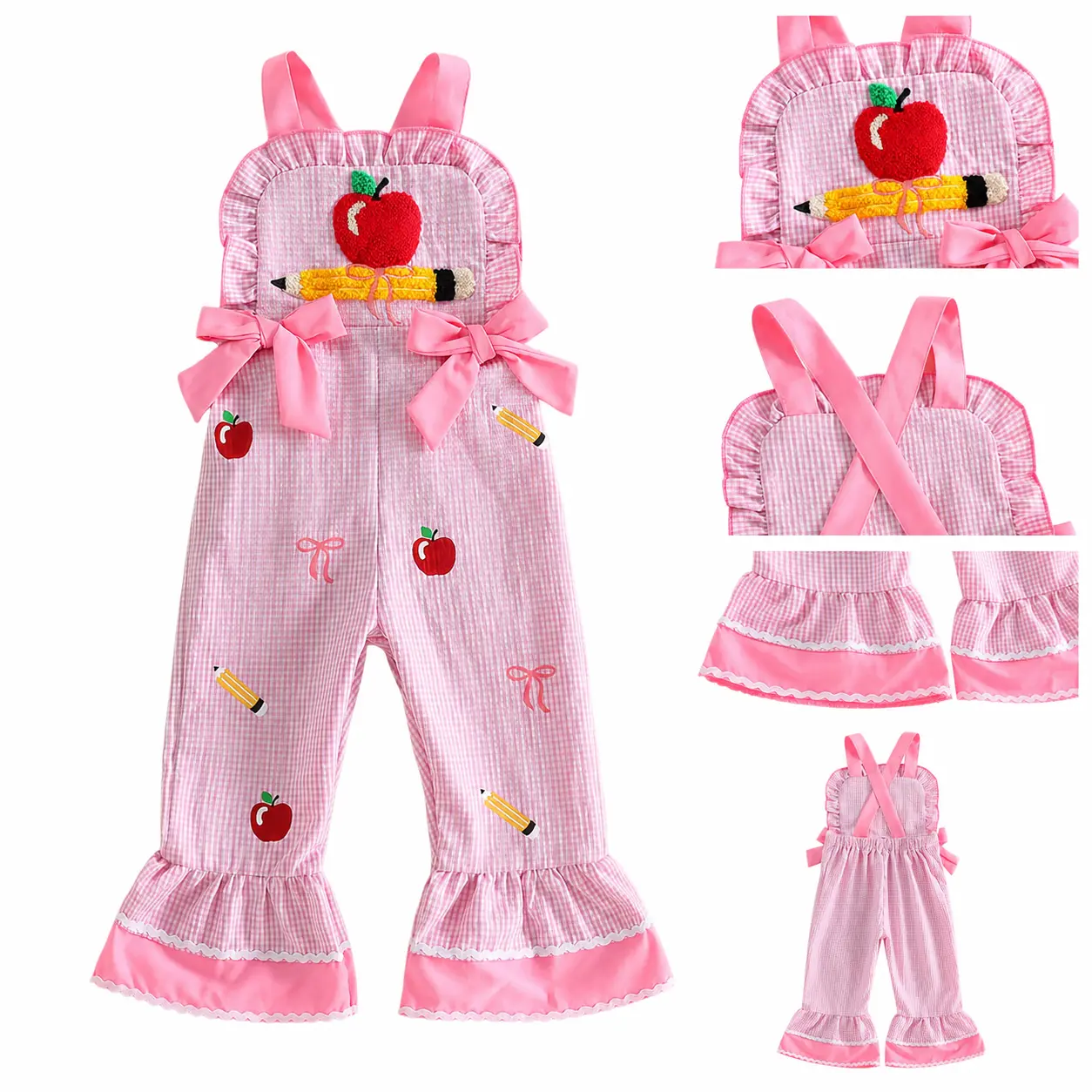 Toddler Baby Girl Back To School Pink Gingham Overalls Cotton Suspender Jumpsuit 1-6T Apple Pencil Applique Bow Strap Ruffle Flare Leg Outfit