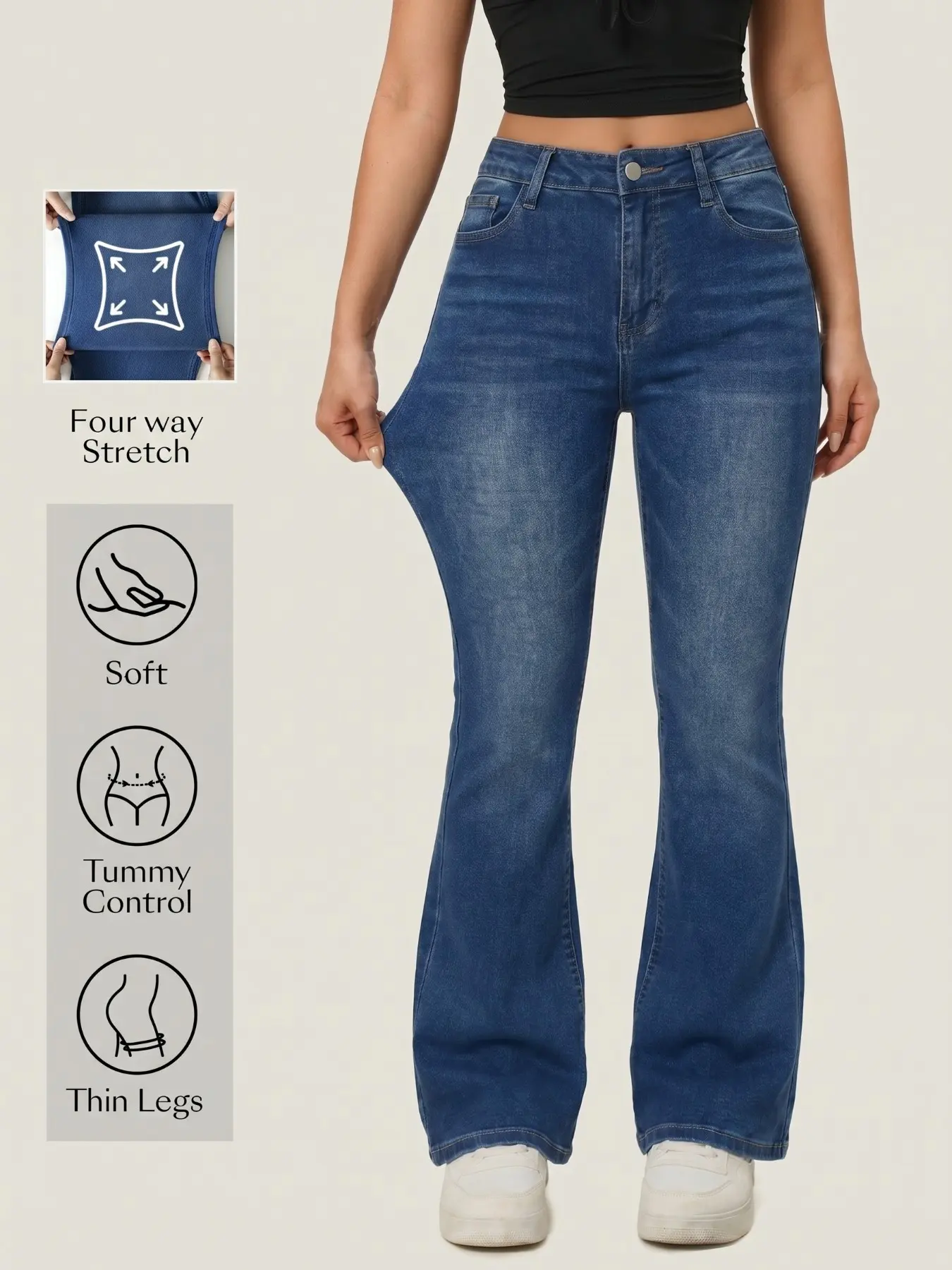 Women's Mid-Rise Elastic Flared Denim Jeans | Versatile Jeans for Commuting and Casual Wear Bottoms