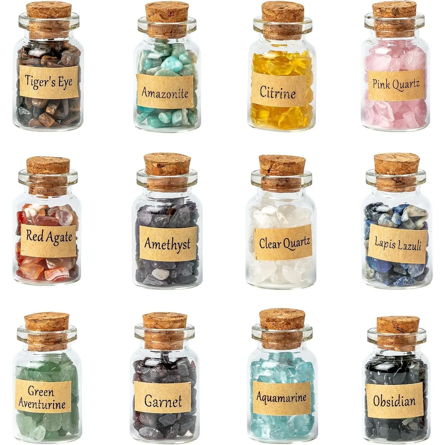 12 Different Gemstone Bottles Chip Crystals and Healing Stone, Chakra Healing Crystals Bottles, Wicca Gem Stones Set, Witchcraft Crystals