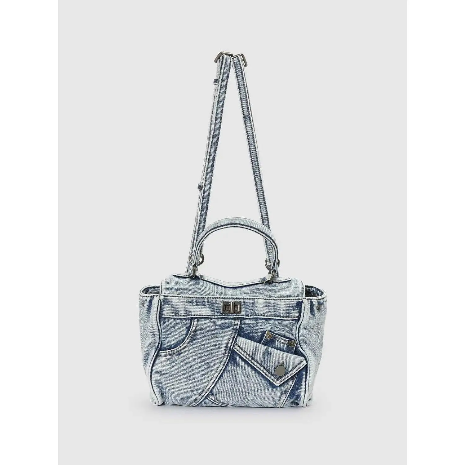 URBAN REVIVO Vintage Washed Denim Shell Backpack - Casual Luxury Structured Bag with Reinforced Seams, Tonal Stitching, Turn-Lock, Hidden Zipper, Adjustable Strap, 25cm, Small Flap Pocket, Tactile Denim Texture, Urban Daily Use, Study Sessions