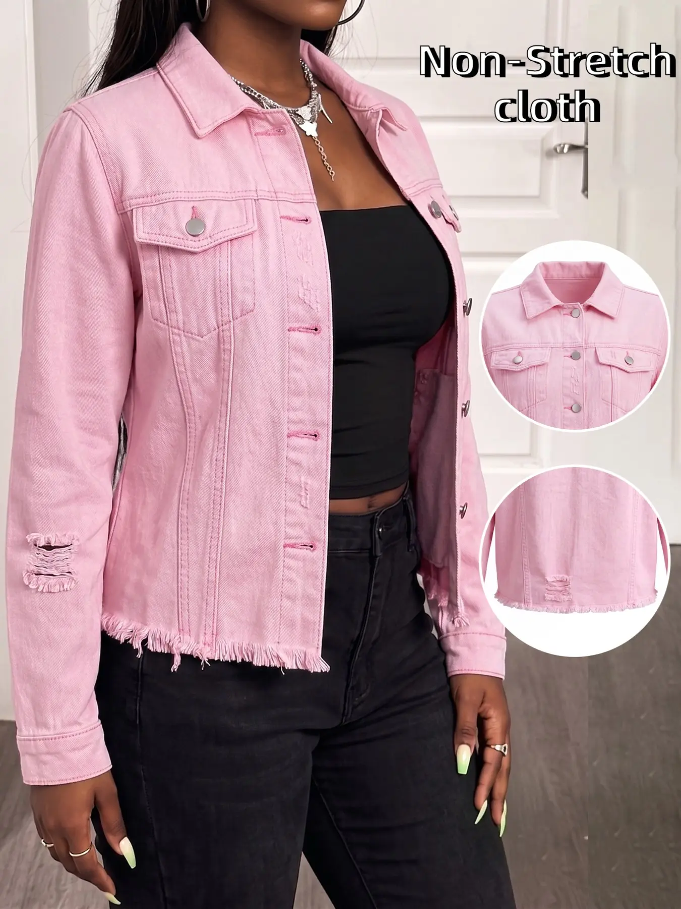 Women's Plus Size Blue Washed Denim Jacket, Metal Buttons, Frayed Hem, Ripped Distressed, Cropped Casual, Spring Autumn Streetwear, Coats
