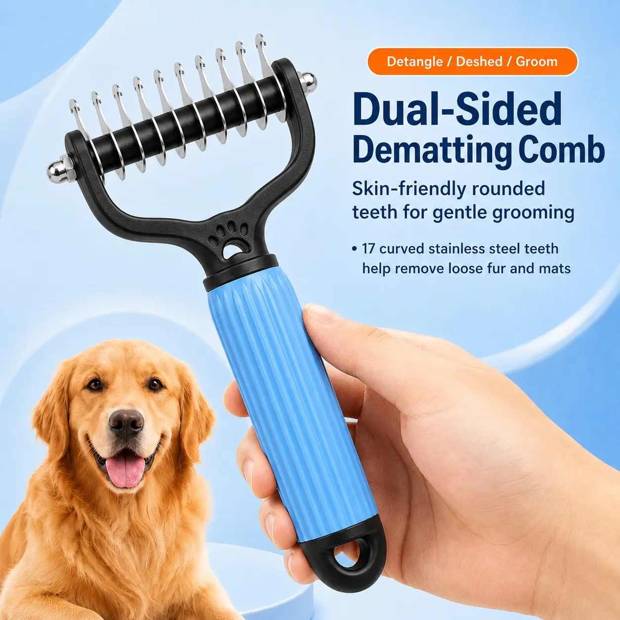 Dual-Sided Pet Dematting Comb, 9 & 17 Tooth Undercoat Rake for Dogs and Cats, Detangling Grooming Brush for Loose Hair, Mats, Knots and Shedding Fur, Deshedding Tool