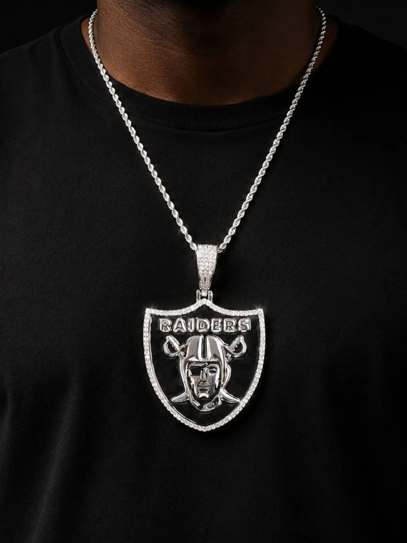 Iced Out Raiders Necklace Pendant for Men 5A Cubic Zirconia Silver Plated Hip Hop Jewelry