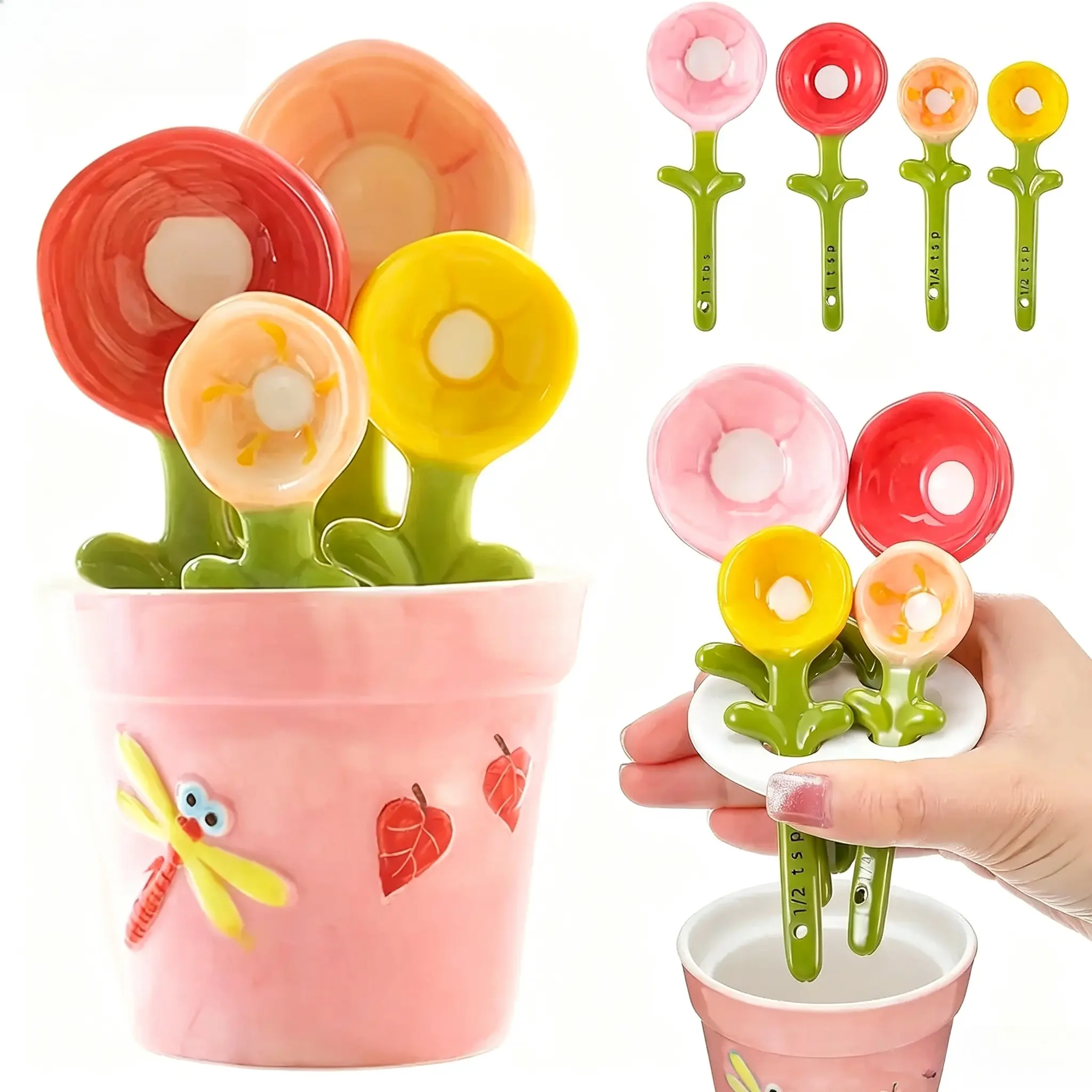 4-Piece Floral Look Ceramic Measuring Utensils Set with Stand, Pot Shape Decorative Design with Capacity Marks for Baking, Milk Powder Use in Home Kitchen