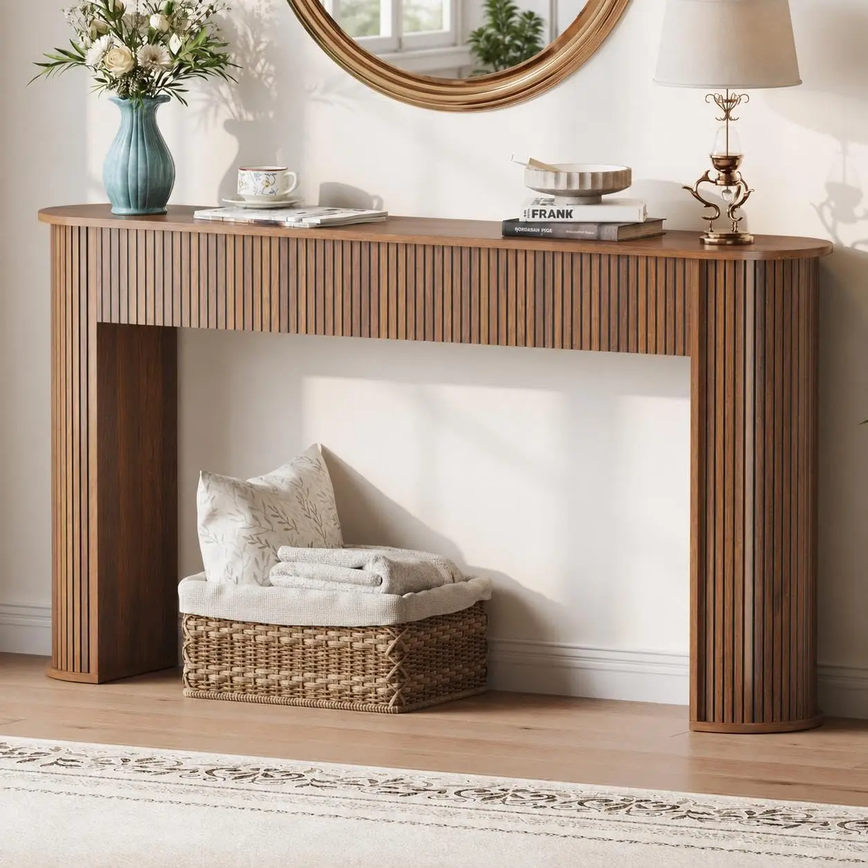 59 Inch Fluted Console Table, Walnut Entryway & Sofa Table. Modern Mid-Century Design, Long Narrow Hallway Table. Open Base, Sturdy Wood Look. For Living Room, Foyer, Behind Couch. Easy Assembly
