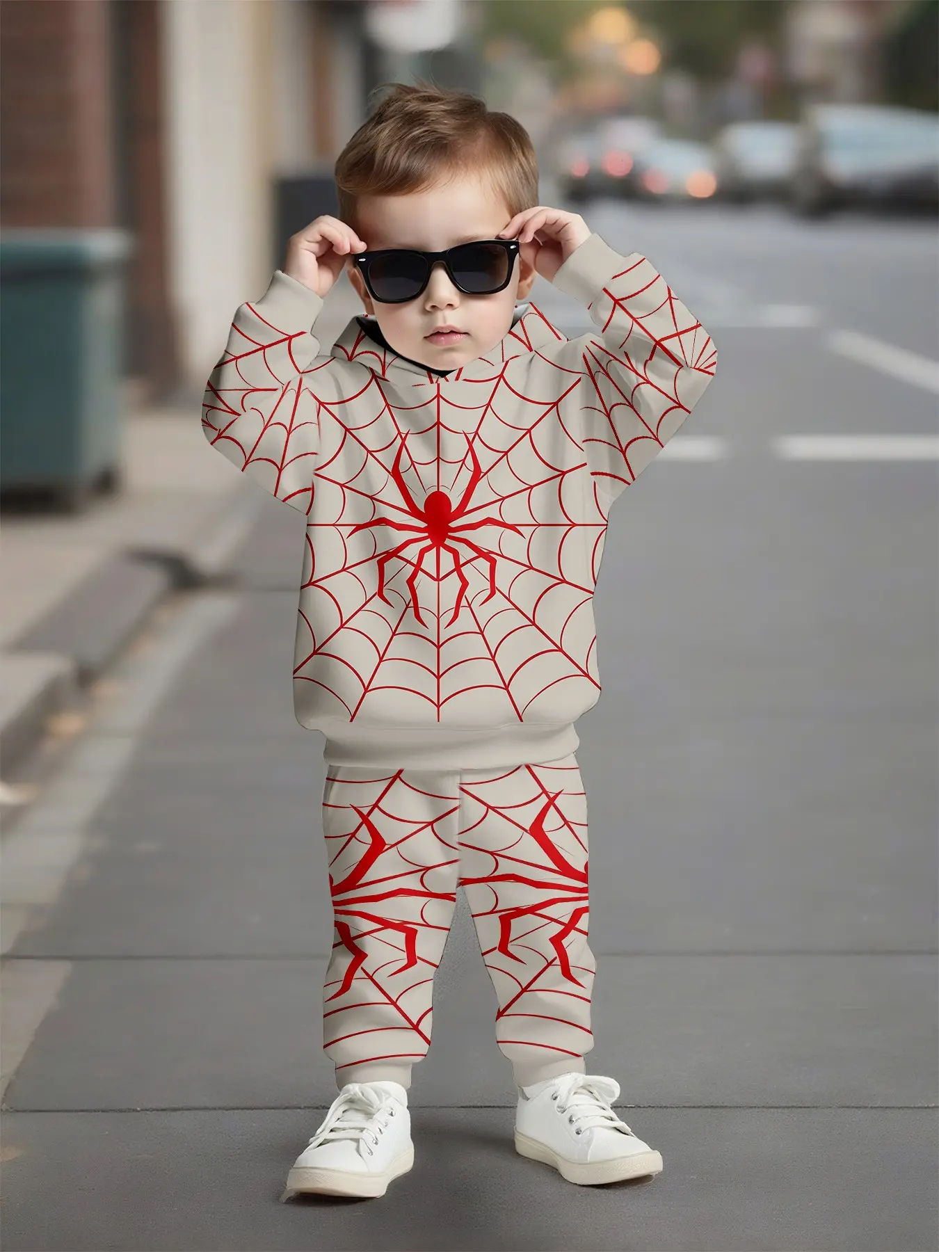 Light Base Spider Web Full Print Kids Hooded Two-Piece Set, Casual Loose-Fit Long Sleeve Pajamas for Fall & Winter, Toddler Pjs
