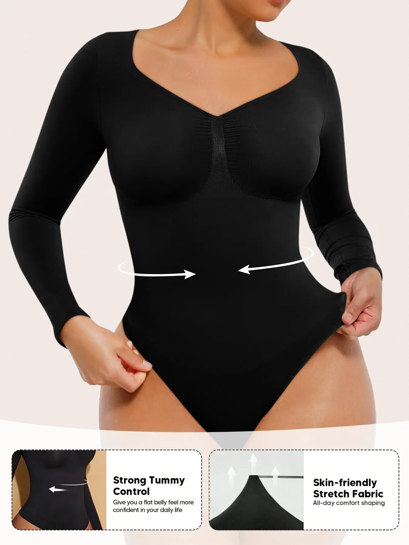 Women's Long Sleeve Shapewear Bodysuit for Tummy Control Seamless Body Suits Thong V Neck Going Out Tops , Casual All Seasons Wear