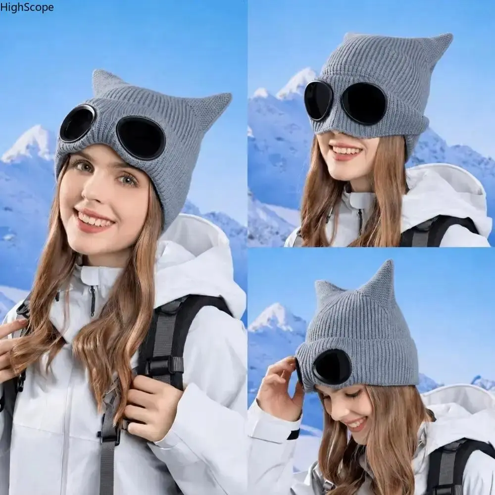 Fleece Lined Ski Beanie with Goggles, Windproof Knit Thermal Skull Cap with Ear Muffs, Winter Outdoor Headwear for Skiing Cycling Cold Weather Daily Wear and Gift