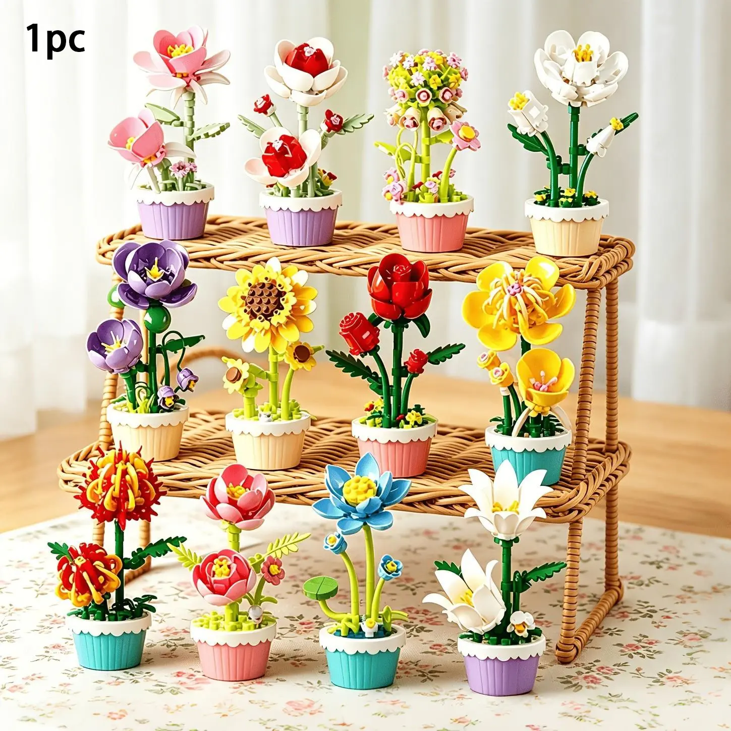 Eternal Flower Potted Building Block Series, Creative Puzzle Handmade Toy, Perfect for Holidays, Boys & Girls, Home Decor, Mixed Colors, Flower Bricks
