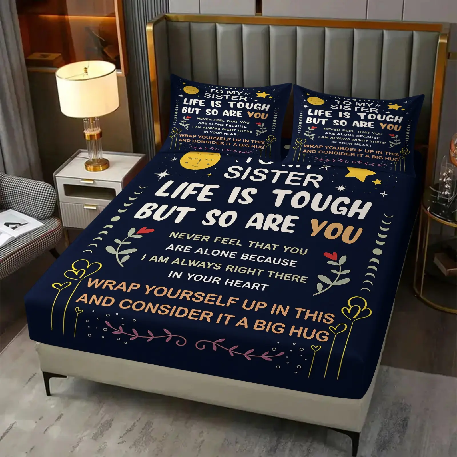 Warm Quote Fitted Sheet Set & 2 Coreless Pillowcases, As Bestie Gift, Moon Phases, Stars, Hearts And Vine Flowers. Stretchable, Skin-Friendly & Wrinkle-Resistant Polyester Mattress Cover, Creates Warm Inspiring & Healing Bedroom Decor