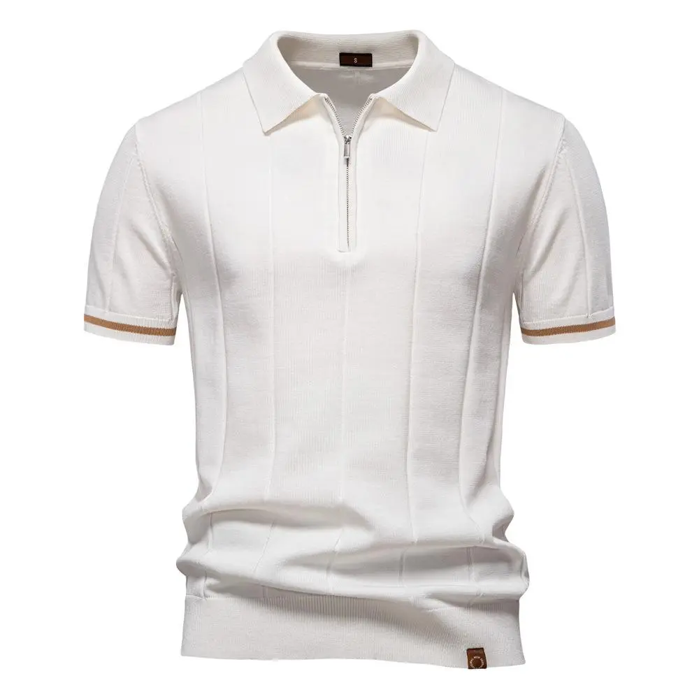 Men's Slim-Fit Soft Rib-Knit Collared Polo Shirt - Solid Short-Sleeve Zipper Neck Pullover, Polo Style, Beach-to-Office & Golf Wear, Elastic Fabric, Hand Washable Menswear Basic