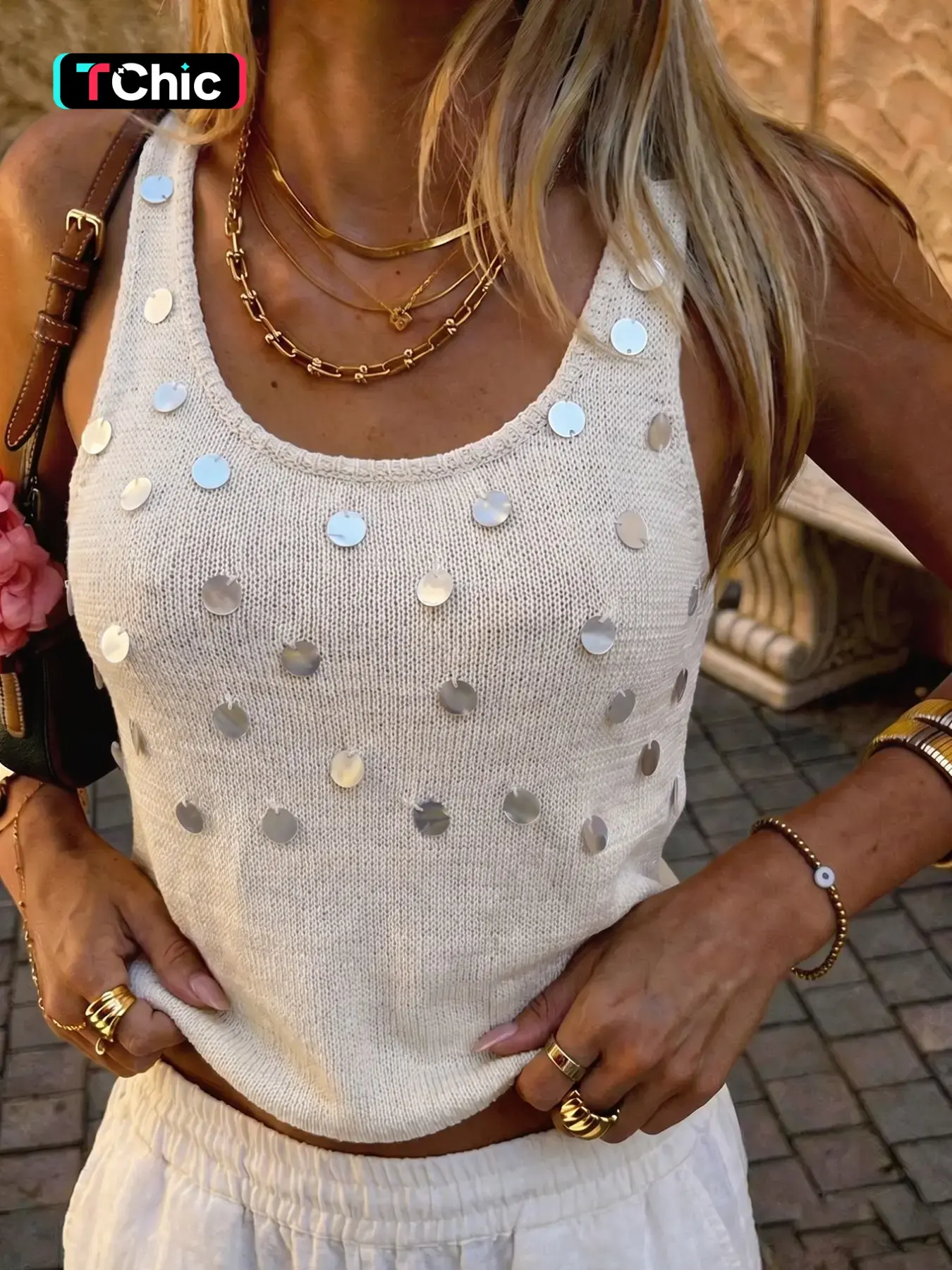 Shell Sequin Knit Halter Top, Summer Breathable Lightweight Hollow Out Sleeveless Shirt, Versatile Chic Fashion Upper Garment for Women, Breathable Summer Tank