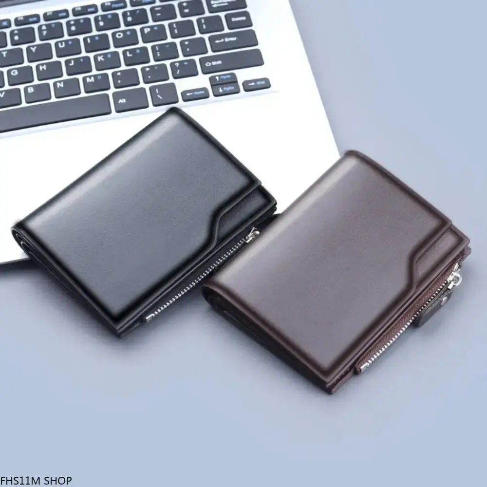 Men's Retro Trifold Wallet in Genuine Cowhide Leather, Slim Business Wallet with Large Capacity, 13 Card Slots & Zipper Coin Pocket, Buckle Zip, Business Use, Retro Biz., Large Cap., Slim-Fold, Bifold/Trifold Wallet