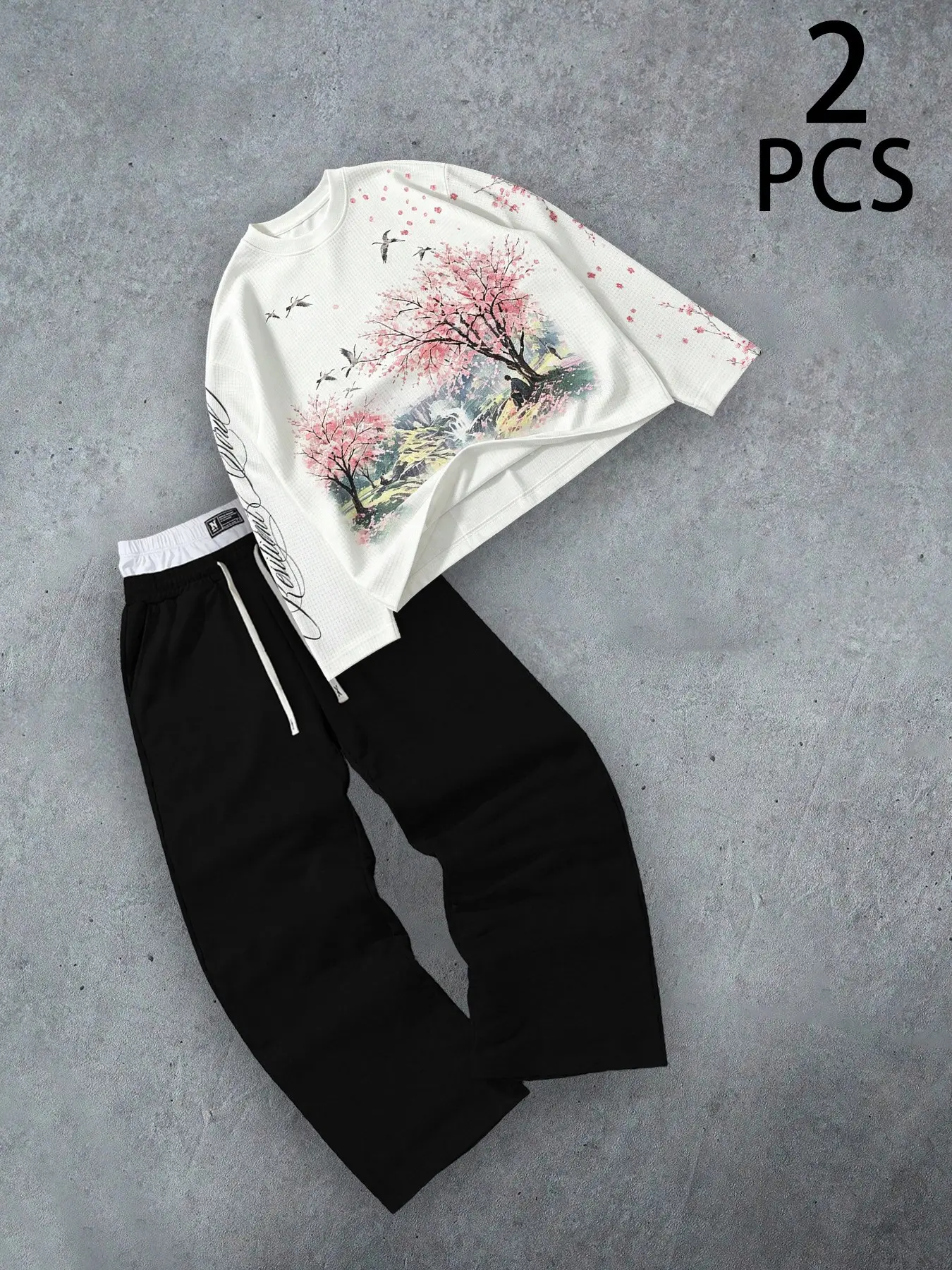 Unisex 2 Piece Matching Set Sakura Cherry Blossom Oriental Landscape Print Cropped Waffle Knit Long Sleeve Top Layer Waist Wide Leg Sweatpants Loose Streetwear Tracksuit Men Women Couple Outfit For Daily School Travel Going Out