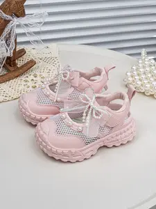 Girls' Princess Style Mesh Sandals, Pearl Bow Detail, Breathable Anti-Slip Sole, Velcro Closure, Ages 1-6, Perfect for Daily Wear & Parties