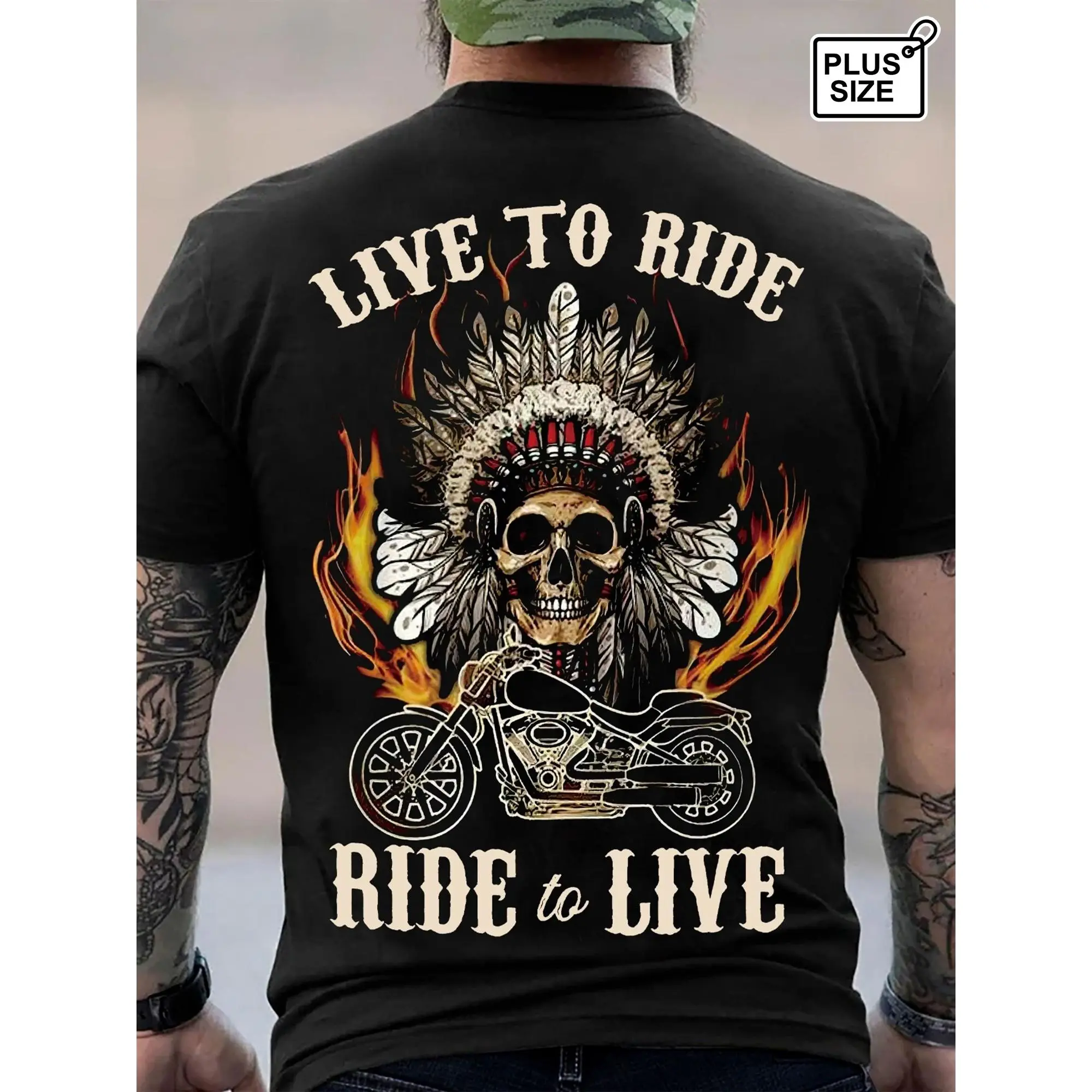 Men's Plus Size Graphic T-Shirt, Casual 'Live to Ride' Tropical Biker Skull Print, 100% Cotton Short Sleeve All-Season Top, Shortsleeve, 3Xl, Skull Motif, Tropical Print, All Seasons
