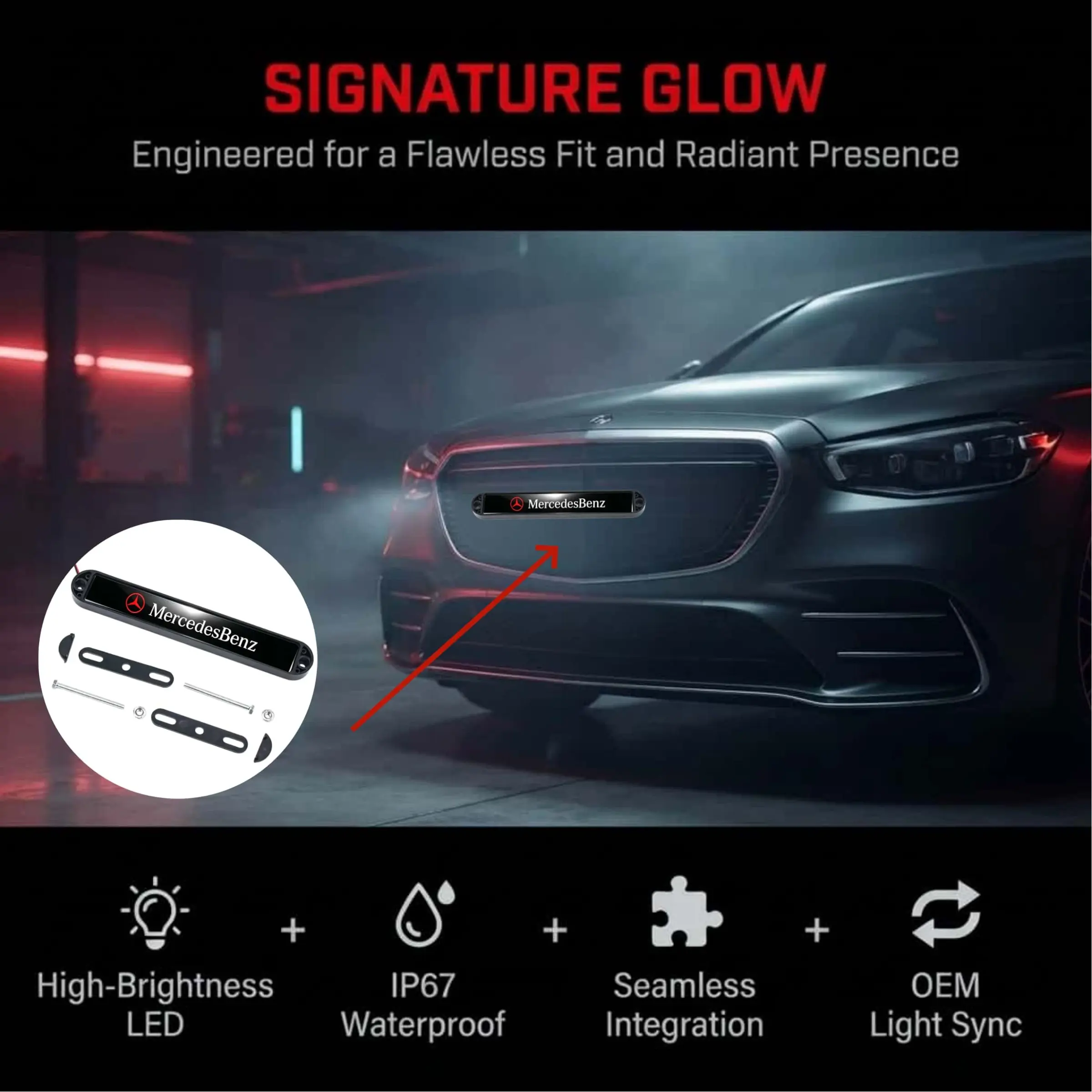 1 Pack Advanced 2nd Generation Sport Front Grille LED Logo Light, all-weather dustproof, waterproof, scratch and wear resistant, luxury dynamic front ambient modification light compatible with A-Class, C-Class, E-Class, S-Class, GLC, GLE