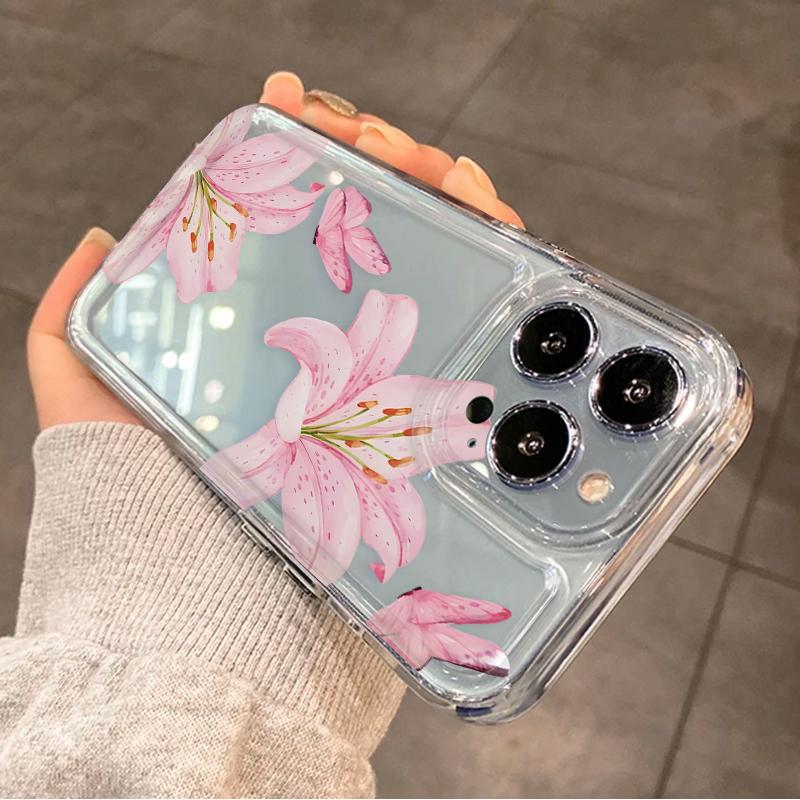 Chic Lily Charm TPU Pattern Phone Case for iPhone 17 15 16 14 Pro Max 13 12 11 XR XS Plus Air  Anti-Yellowing Shockproof Protection Lightweight Transparent Soft Cover Cellphone Protective Durable Protector