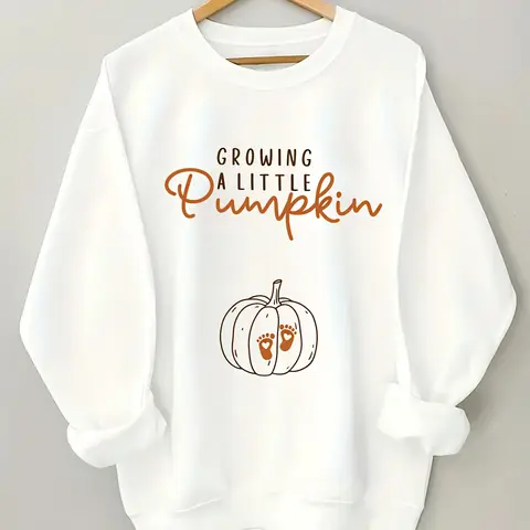 Women's Sweet Cotton Long Printed Little Pumpkin Crew Neck Sweatshirt - All-Season Casual Fit, Creative Design, Machine Washable (Not Dry Cleanable), Simple & Versatile, Pullover