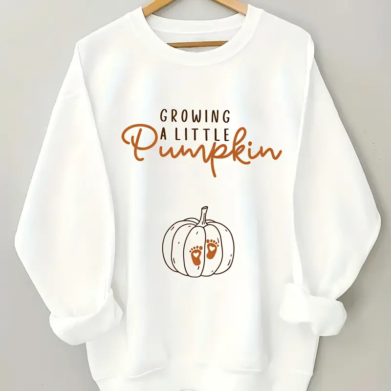 Women's Sweet Cotton Long Printed Little Pumpkin Crew Neck Sweatshirt - All-Season Casual Fit, Creative Design, Machine Washable (Not Dry Cleanable), Simple & Versatile, Pullover
