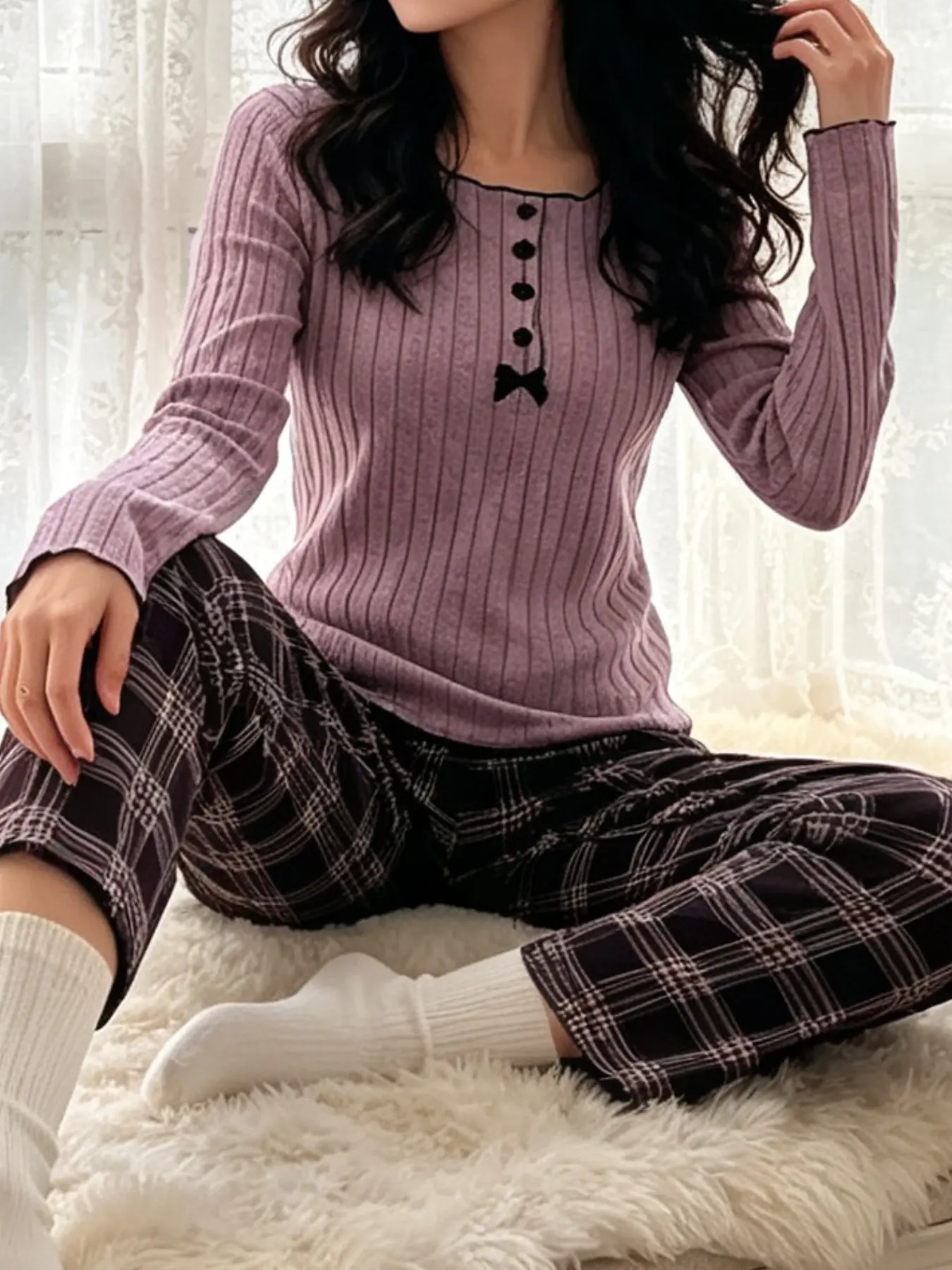 Women's Fall Winter Casual Home Wear Set, Loungewear, Long Sleeve Button Front Top + Plaid Pants, Comfortable Sleepwear for Daily Use
