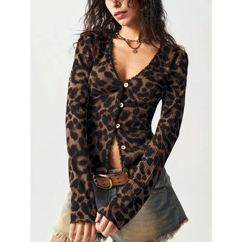 Women's Leopard Print V-Neck Cardigan, Long Sleeve Bodycon Button-Up Knit Sweater Top for Trendy Outfits, Knitwear, Tops