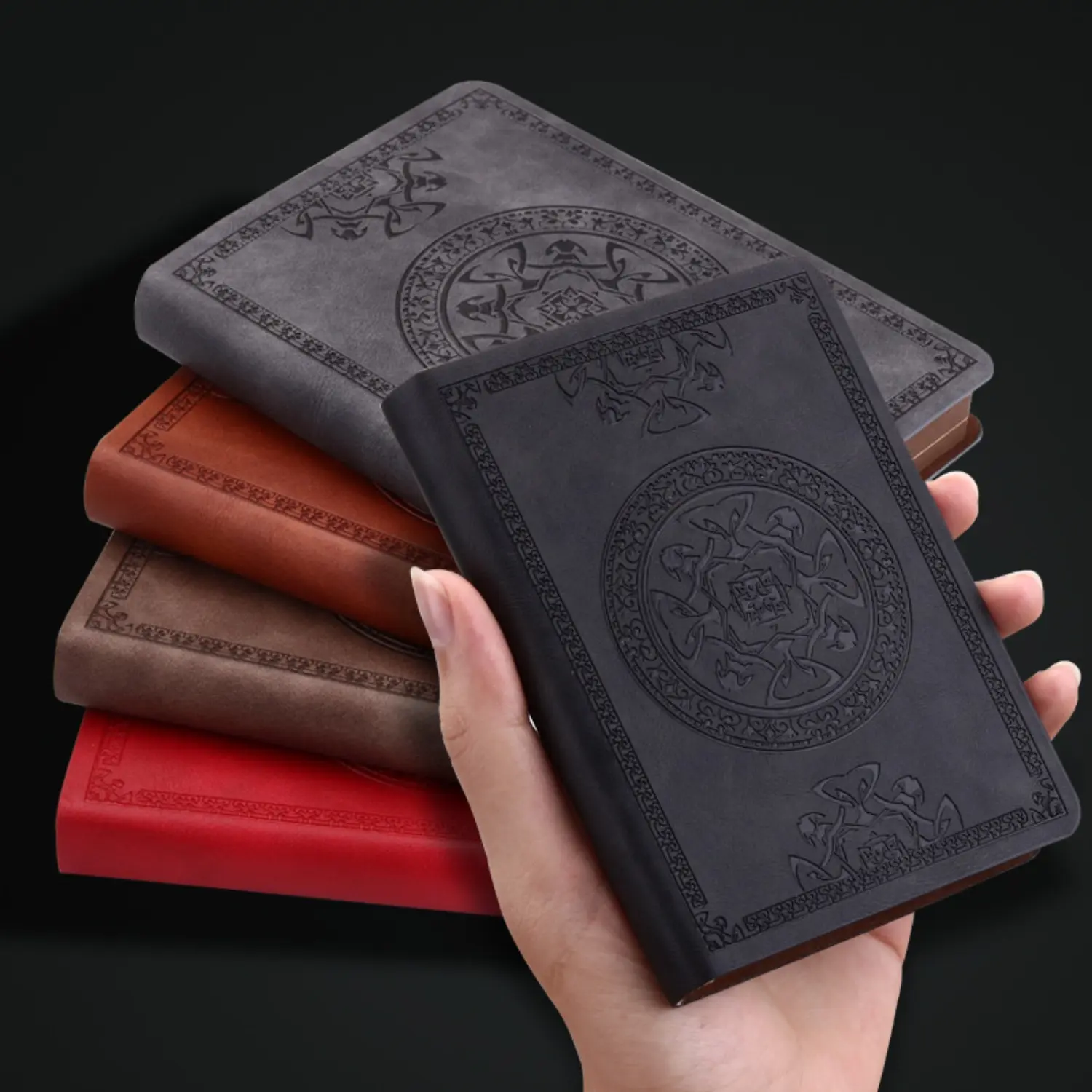 Vintage A6 Leather Notebook - Offline Contact Memory Aid, Daily Word Journal with Lined Pages, Black/Red/Khaki Office Stationery for Work & Study Planning