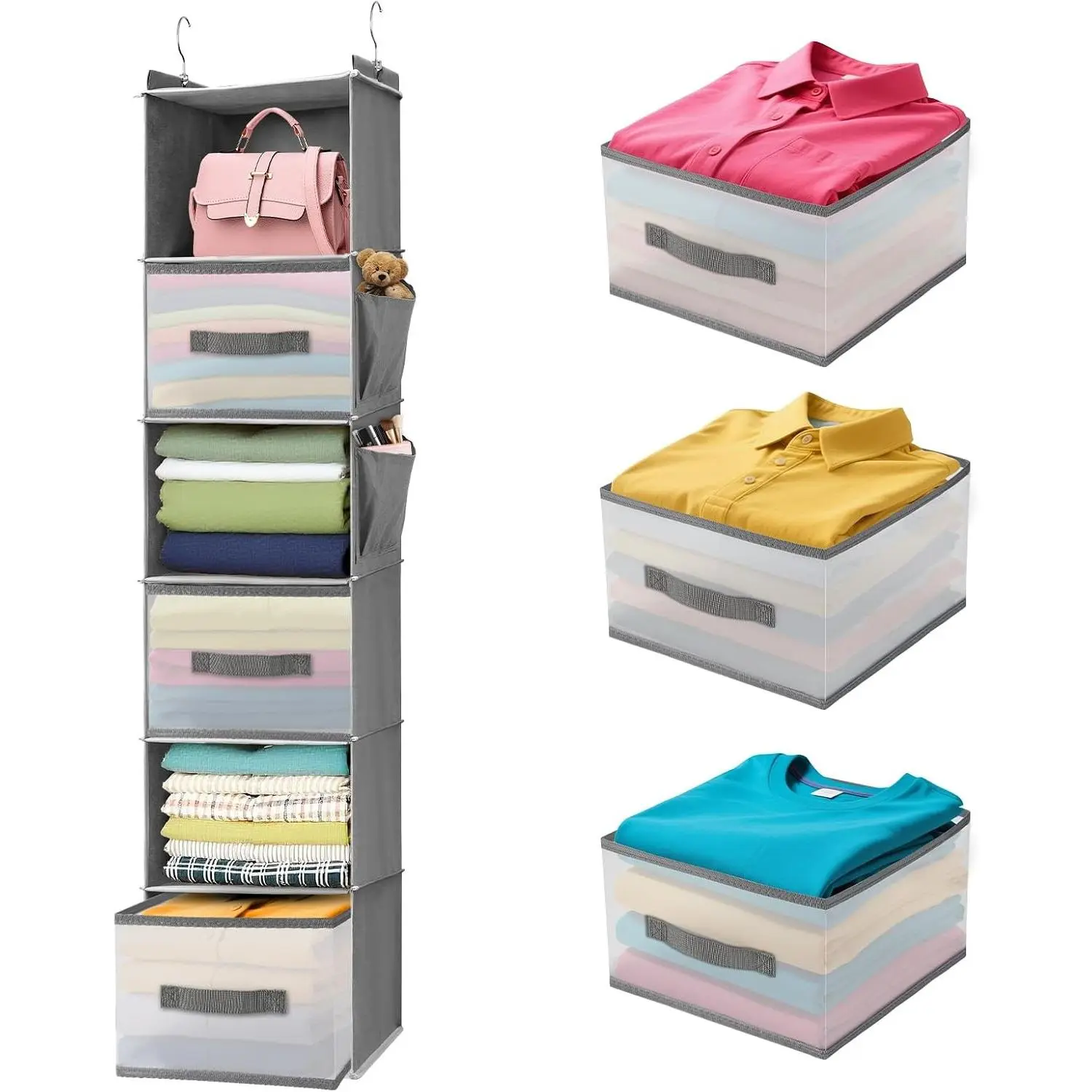6-Shelf Hanging Closet Organizer with 3 Drawers & Side Pockets, Gray | Non-woven fabric, tool-free setup, ideal for bedrooms/dorms/RVs, 3 foldable transparent drawers for easy access