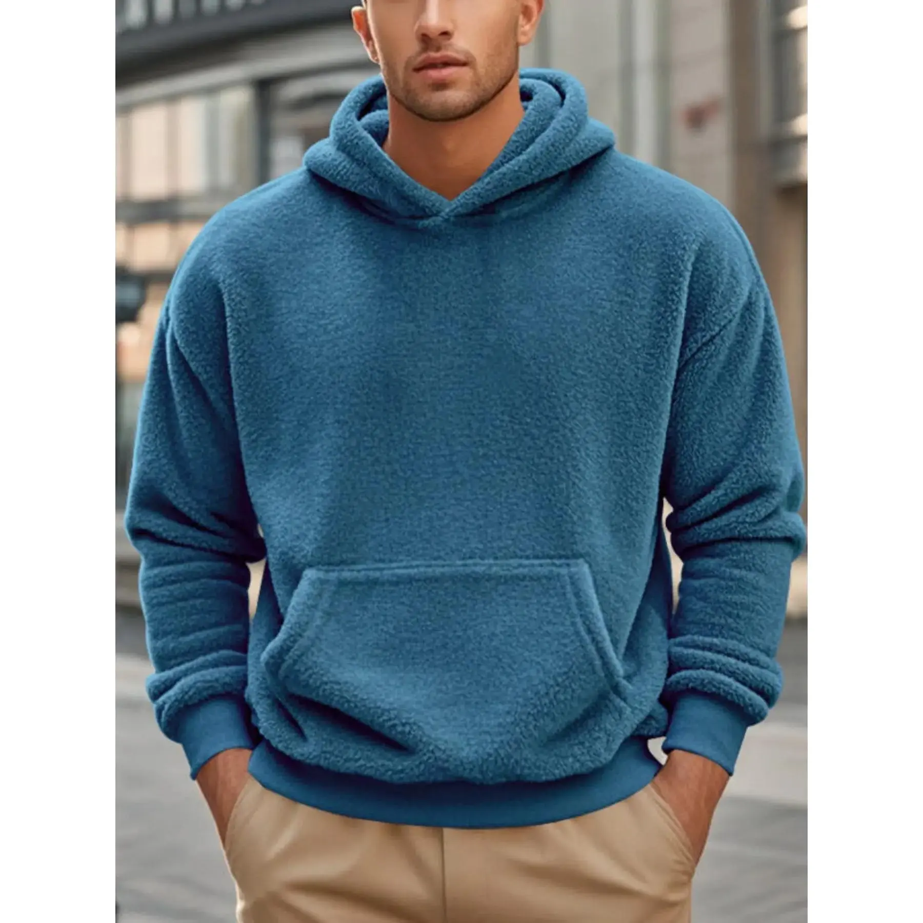 Men's Teddy Fleece Oversized Hoodie - Plush Soft Fabric, Kangaroo Pocket, Relaxed Fit. Perfect for Transitioning from Casual Street Strolls to Cozy At-Home Lounging. Elevate Your Look with Textured Teddy Fleece & Effortless Urban Comfort