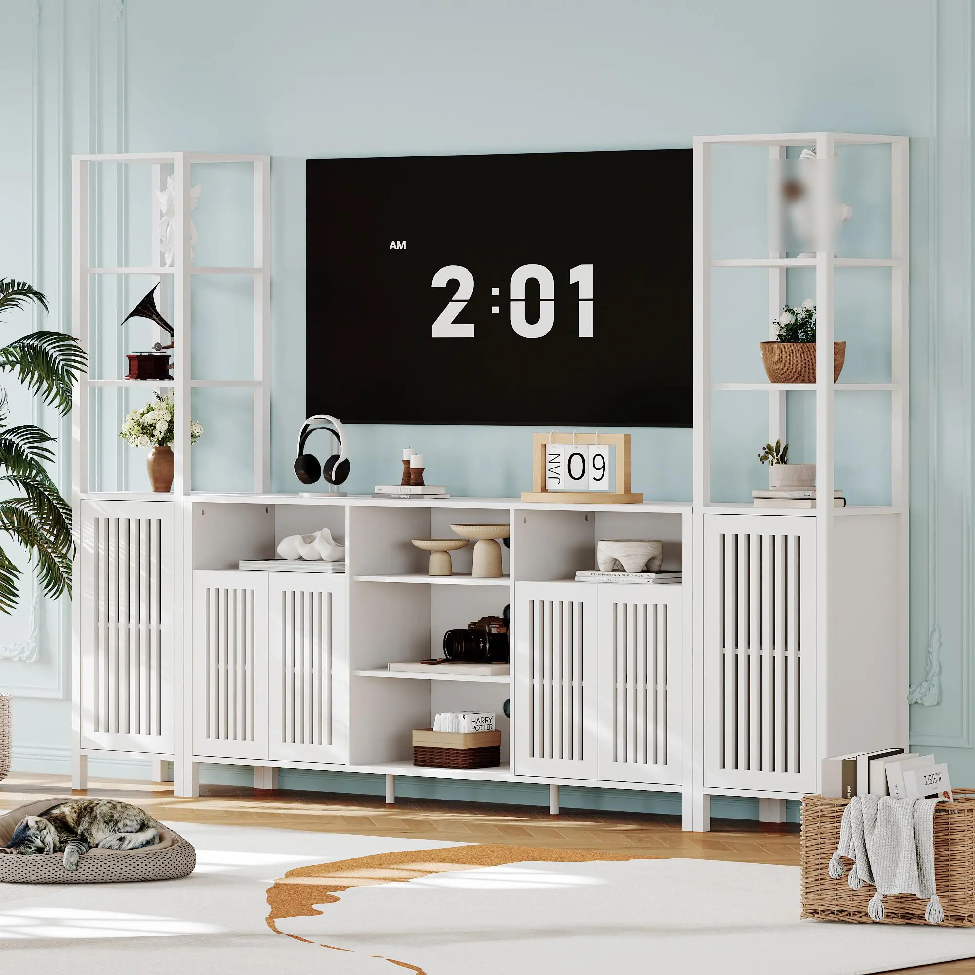 Combination TV Cabinet for TVs Up to 70", Large TV Stand with Bookshelves, Storage TV Cabinet, Multi-Functional Home Entertainment Center