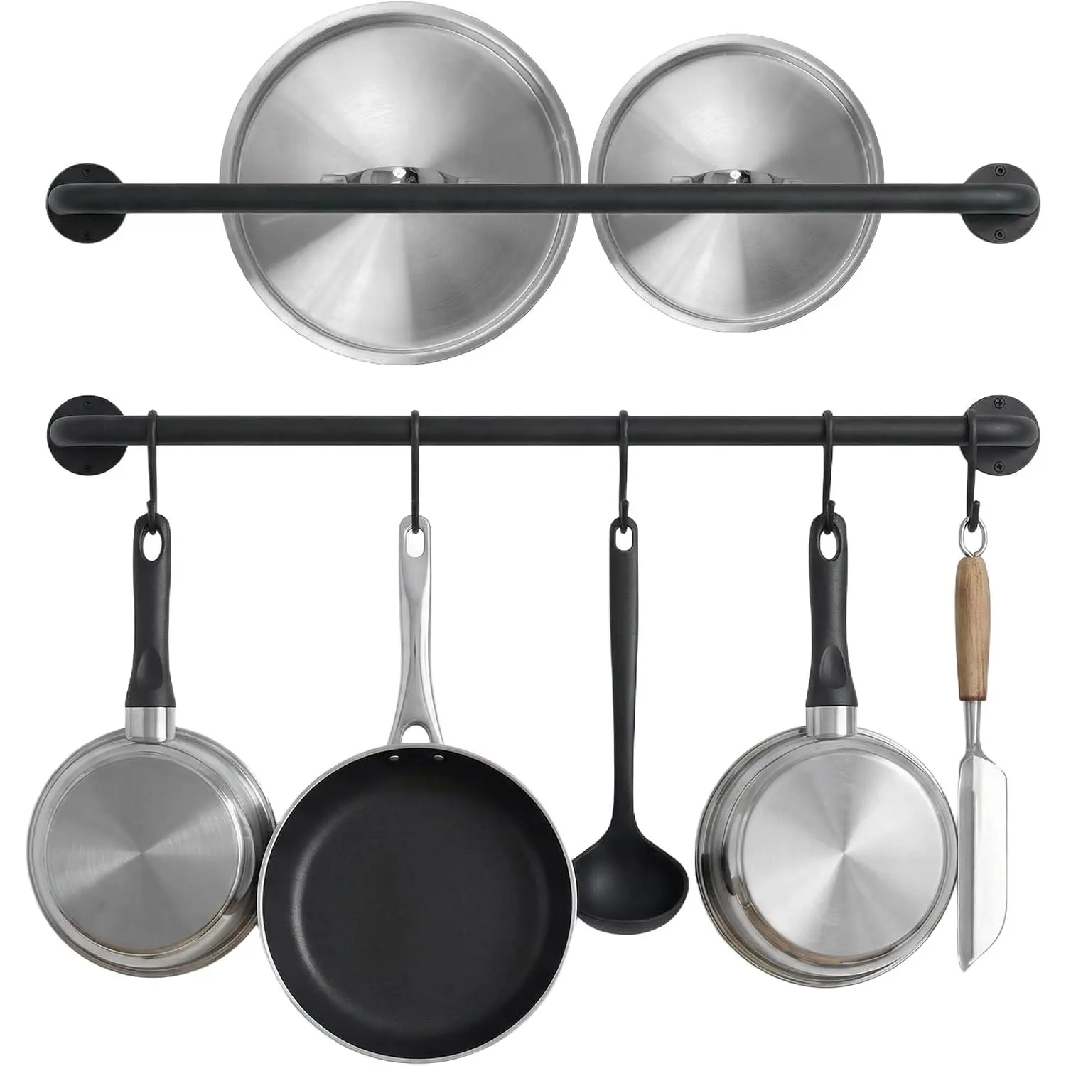 Black Steel-made Kitchen Utensil Rack Organizer Wall-mounted Pot Pan Wall Hanger Holder For  Rail with 10 S Hooks