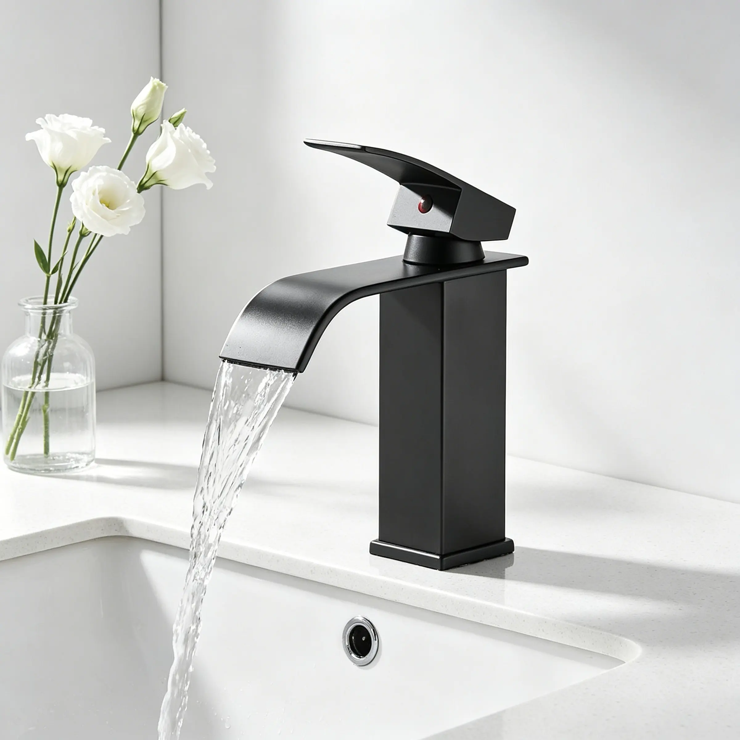 Matte Black Waterfall Bathroom Sink Faucet Single Handle Single Hole Vanity Basin Tap Modern Square Lavatory Mixer Tap  Stainless Steel Bathroom Countertop Sink Tap Bathroom Faucets