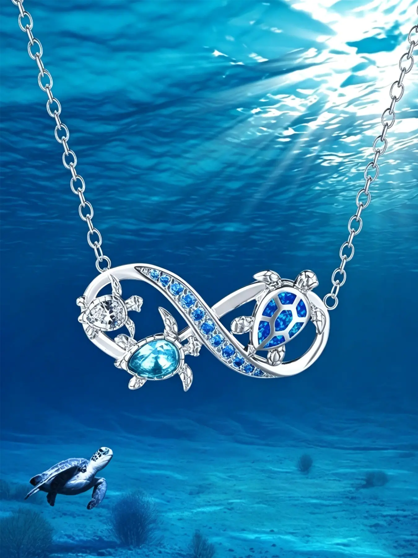 1 Piece Infinity Symbol Sea Turtle Pendant Necklace, Multicolor Blue Cubic Zirconia Ocean Animal Necklace, Fashion Ocean Theme Dainty Chain Jewelry Gift For Women