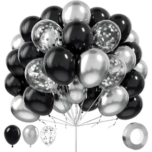 Balloons, Black and Silver, 100Pcs 12inch Black and Metallic Silver Balloons Party Decorations with Confetti Balloon for Birthday Graduation New Years Wedding Engagement Prom Party Decorations
