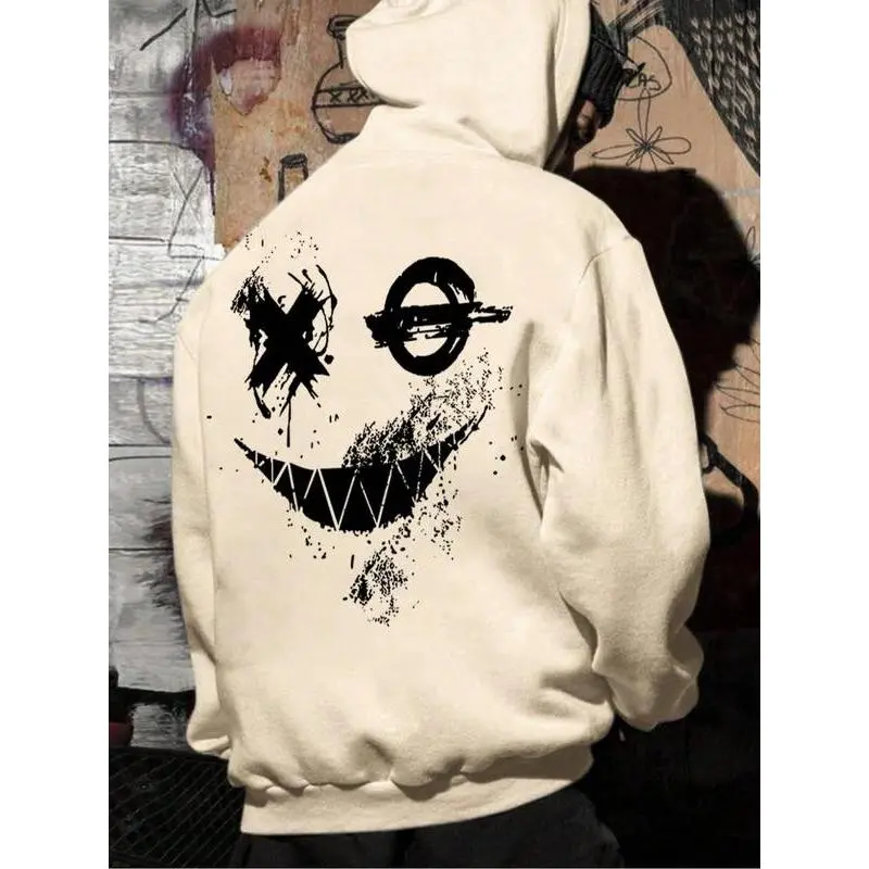 Men's Smile Face Print Pocket Hoodie Regular Fit Casual Fashion Street Hooded Sweatshirt for Daily Holiday Outdoor Wear Fall & Winter Men Clothes