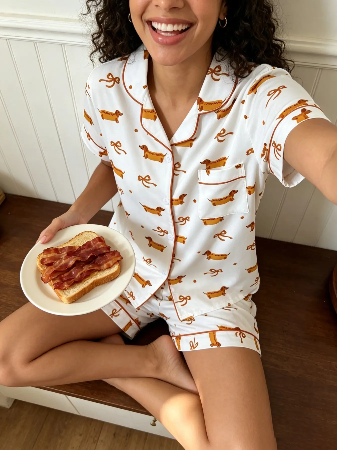 Sweet Cute Poodle Dog Bow Pattern Women's Pajama Set, Fitted Short Sleeve Open Front Top & Elastic Waist Shorts, Soft Comfortable Home Wear Loungewear