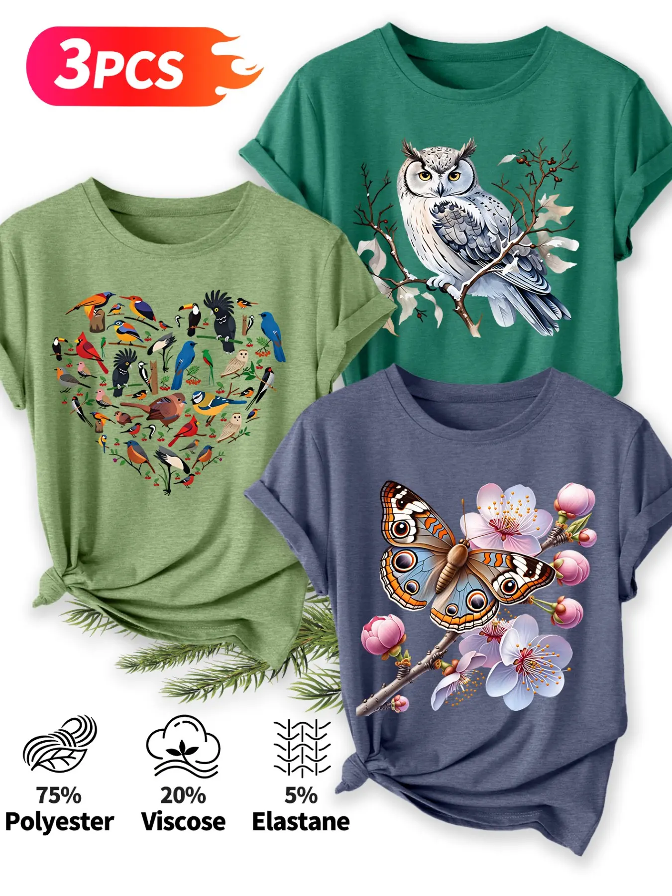3Pcs Women Crew Neck T-Shirt, Heart Shaped Birds Owl Peach Blossom Butterfly Watercolor Bird Print, Multi-color Washable Spring Summer Top Graphic Tees Women, Soft Skin-friendly Fabric Daily Versatile Fashion Design
