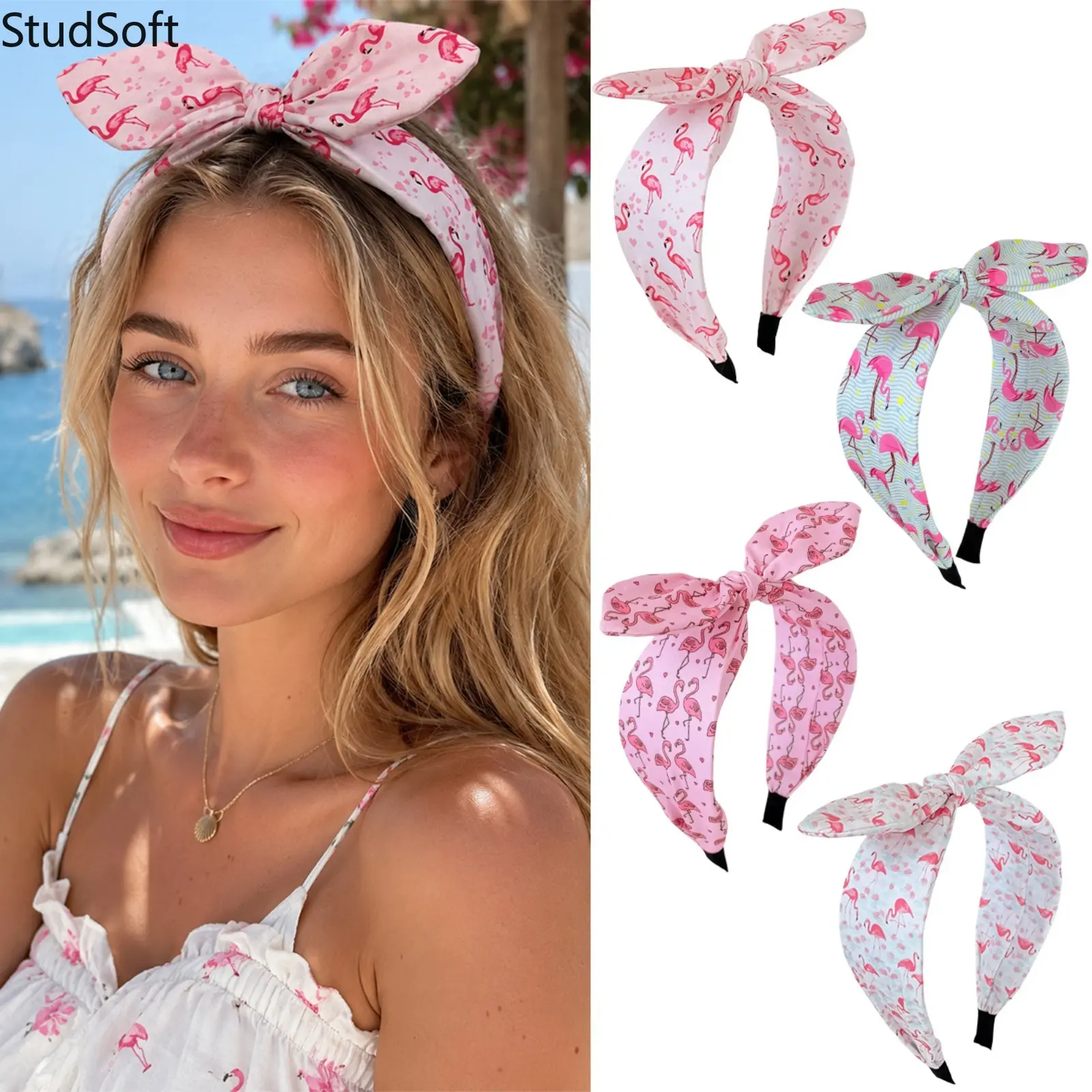 4pc Vintage Knotted Headbands for Women, Wide Non-Slip Hair Accessories with Cute Tropical Flamingo Prints for the Beach, Female, Cute Prints, Women's Beach, Flamingos, Round Headband,back to school,back to school haul