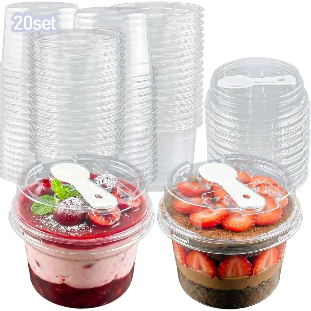 20 Set 12oz Disposable Clear Dessert Cups with Lids and Spoons, Transparent Plastic Cake Cups for Yogurt, Pudding, Fruit, Ice Cream, Party Use