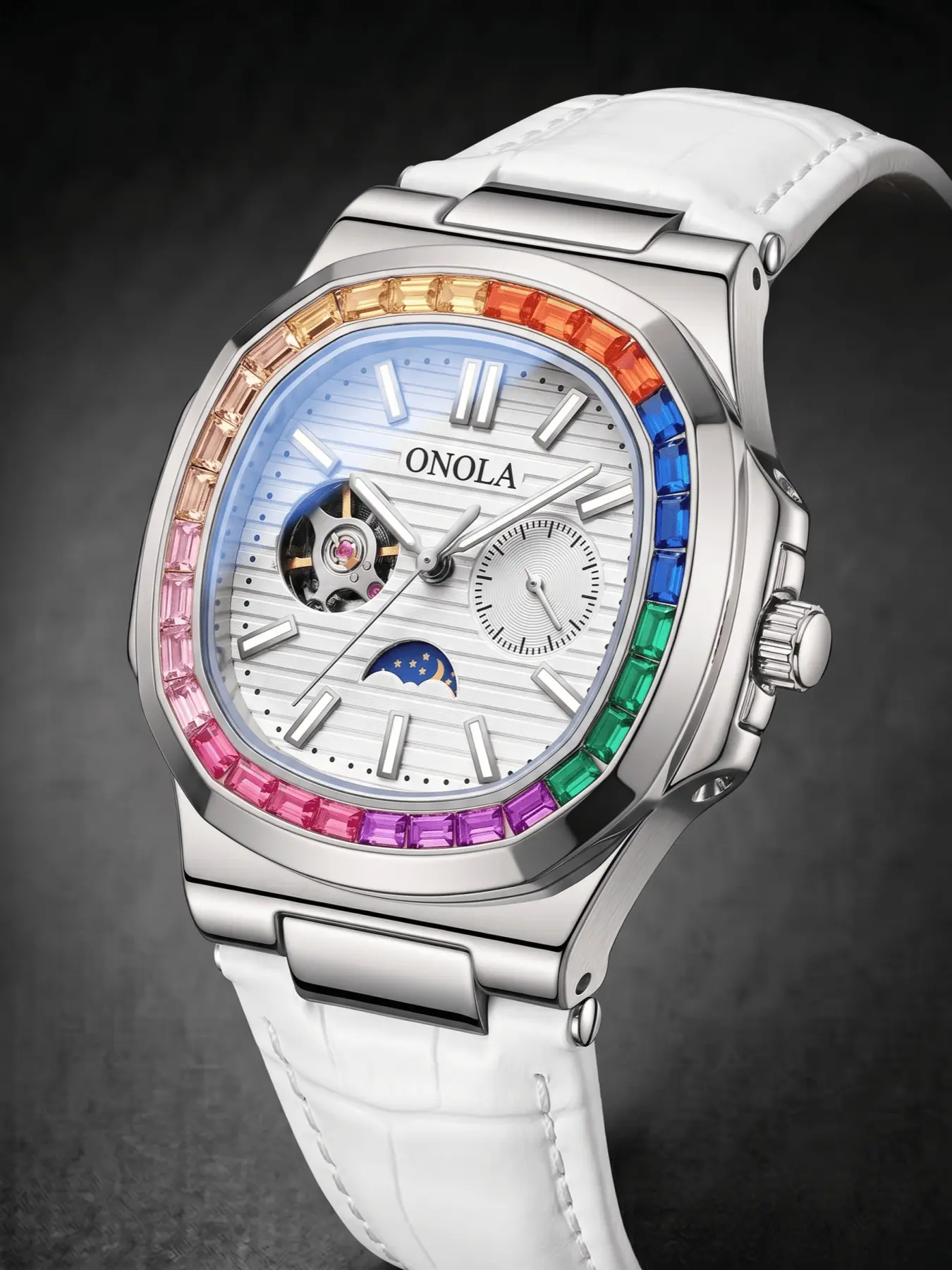 ONOLA Men Mechanical Watch, Automatic Luxury Business Dress Watch, Automatic Mechanical Men Wrist Watch Rainbow Inlaid Bezel Moon Phase Display Hollow Diamond Men Watch, Luminous Dial Watch