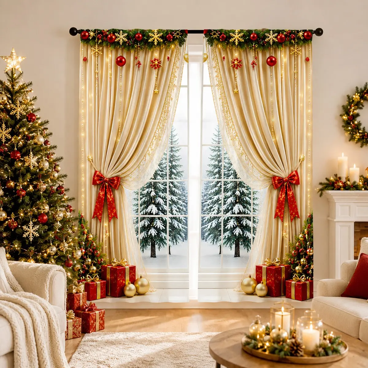 2pcs Semi-blackout curtains featuring a print of Christmas bows, fairy lights, and snowy pine/fir tree motifs in a champagne-gold hue; made of polyester; suitable for bedrooms, kitchens, studies, cafés, and more. Window Drapes