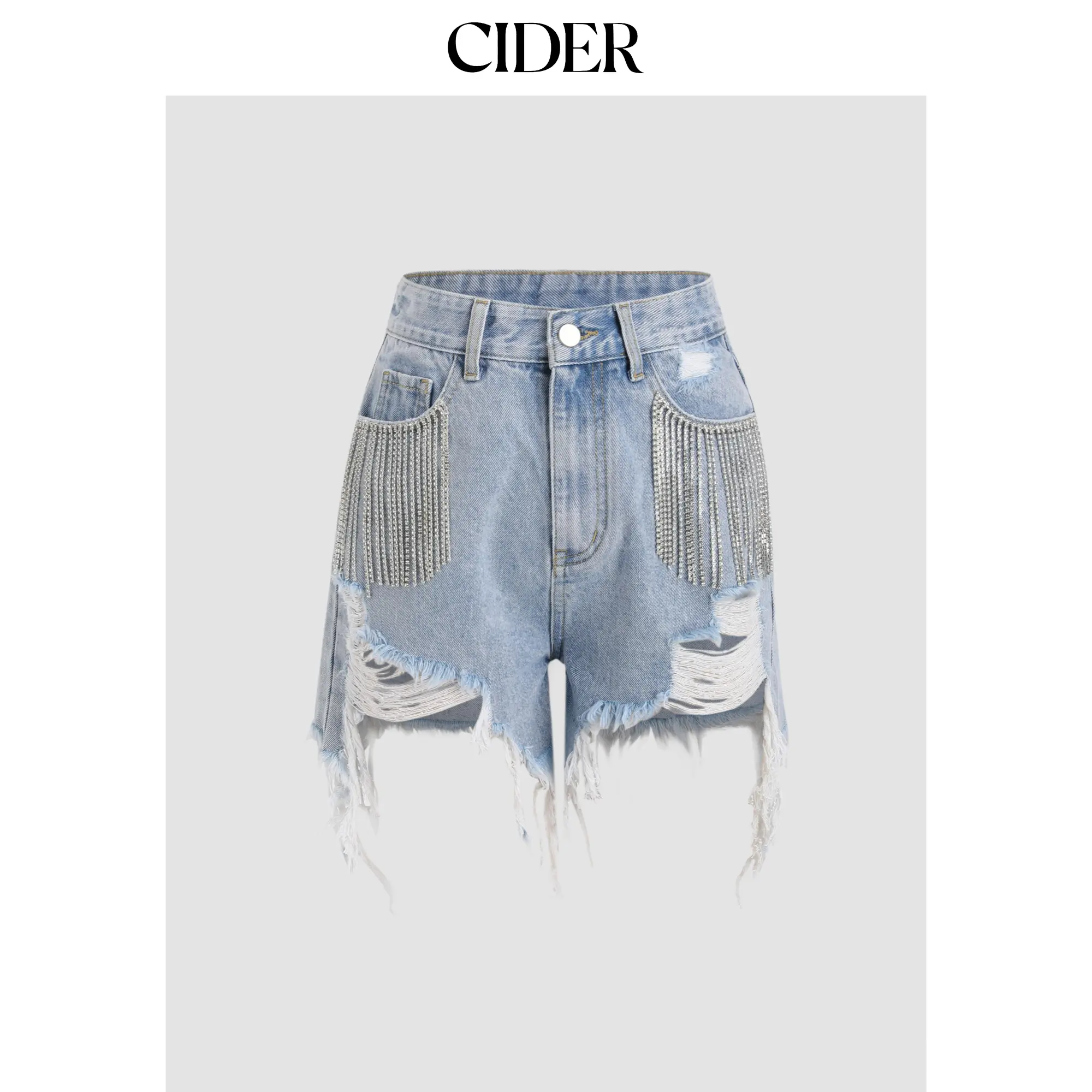 Cider [2 colors, size 2-26] Diamond Tassels Ripped Denim Shorts