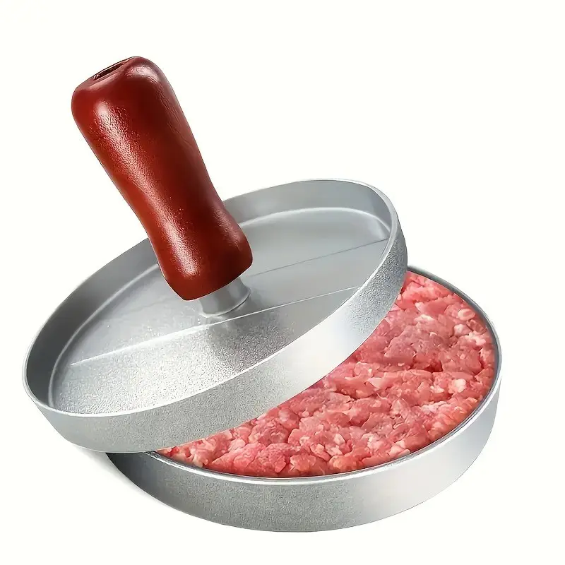 1 Pc Hamburger Patty Press with Wooden Handle – Aluminum Burger Patty Maker Mold with Ribbed Stripe Design for Easy Pressing & Perfect Shape. Manual Meat Press for Beef Burgers, BBQ, Grill, Smash Burgers, Sandwiches & Kitchen Cooking