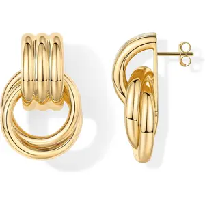 14K Gold Plated Door Knocker Statement Earrings for Women - Chunky Gold Earrings for Women - Trendy Mixed Metals Bold Knot Drop Dangle Jewelry