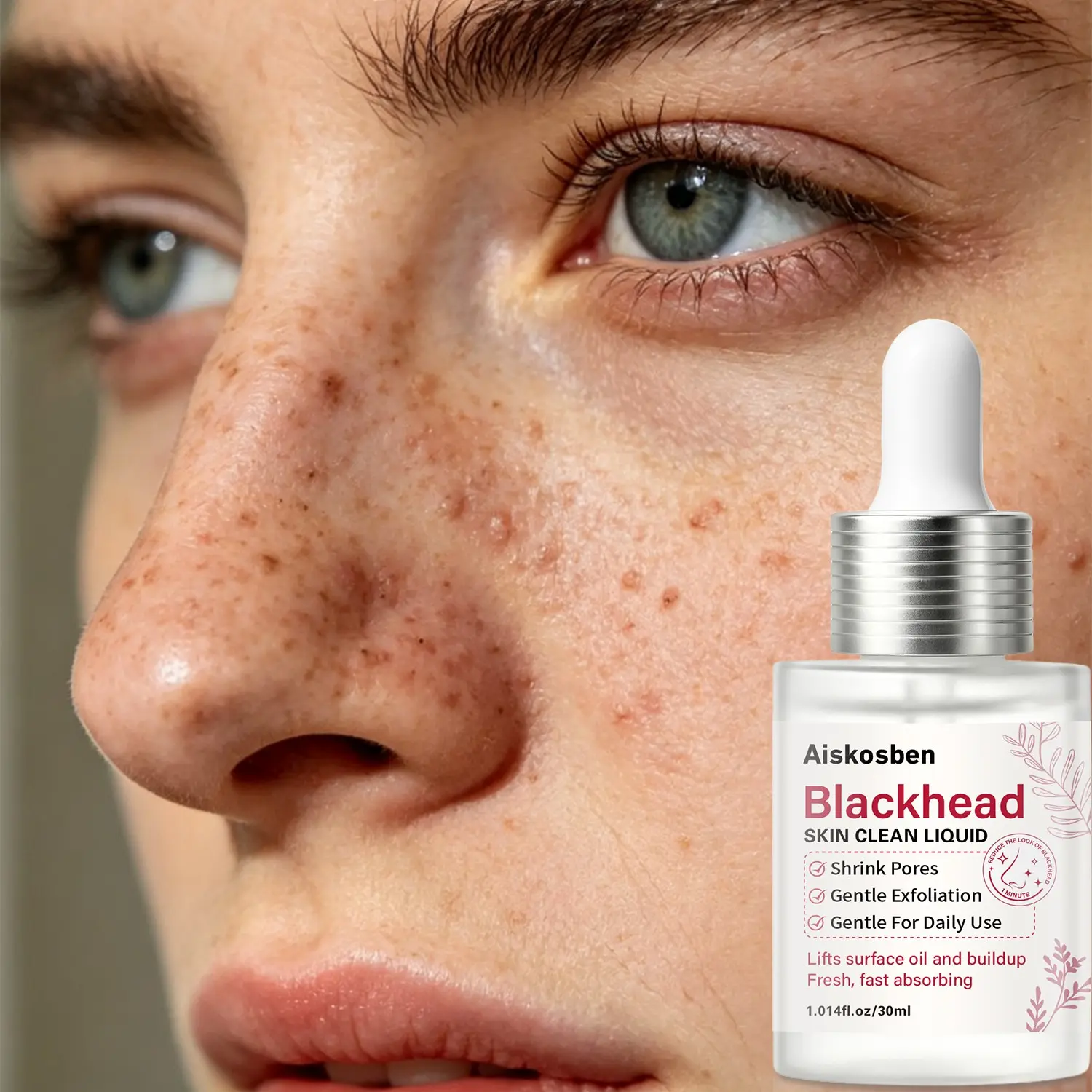 Gentle Facial Cleansing Essence, Blackhead Care Around Nose, Blackhead Remover Serum, Hyaluronic Acid Pore Refining Serum, Quick Absorption, Oil Balancing, Unisex, 30ML