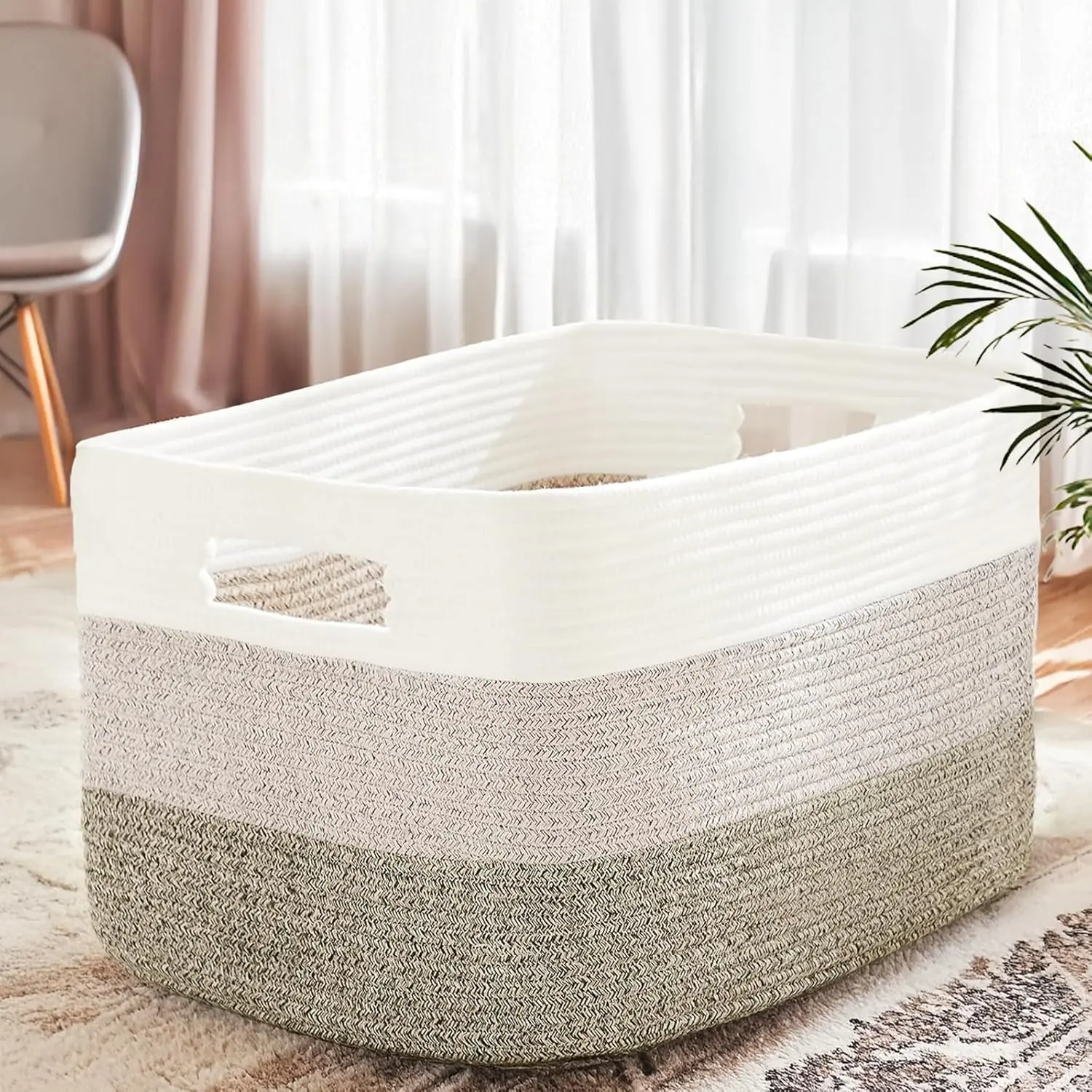 Cotton Rope Basket,Large Blanket Basket for Living Room,Woven cotton rope laundry baskets,For Bathroom Dirty Clothes ,Nursery Toys,pillow storage organization, 72L,Brown and white.