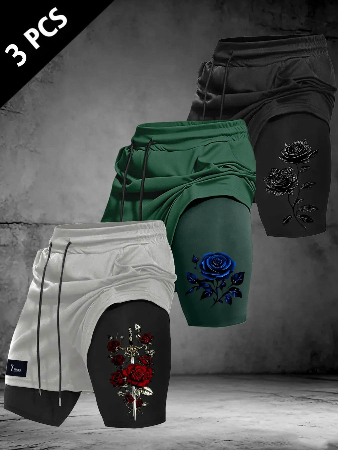 Men 2-in-1 Double Layer Athletic Shorts, Dual Layer Shorts, Drawstring Loose Fit Rose Floral Print Breathable Gym Workout Running Casual Streetwear Training Shorts #GymShorts #RosePrint #2In1WorkoutShorts #MensTrainingBottoms #TikTokMadeMeBuyIt