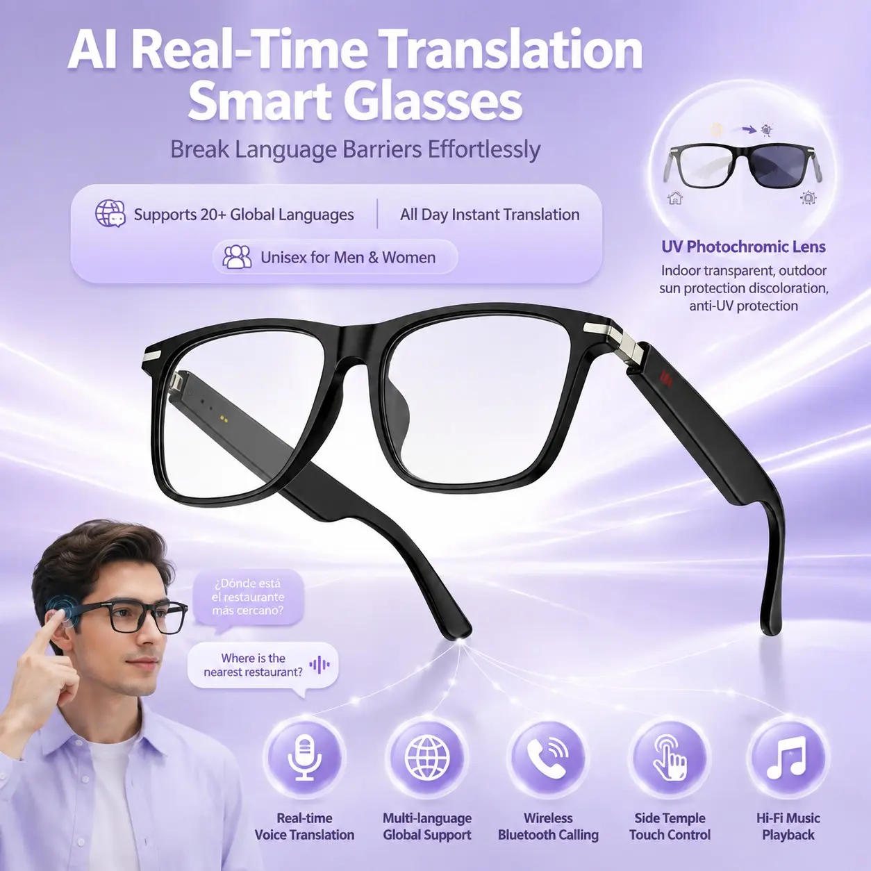 AI Smart Glasses Offering Real-Time Translation in 160 Languages, Chat GPT System, Wireless Hifi Headphones, Dual Stereo Speakers, Touch Control, USB Type-C Charging,HD Voice Calls, Music Playback