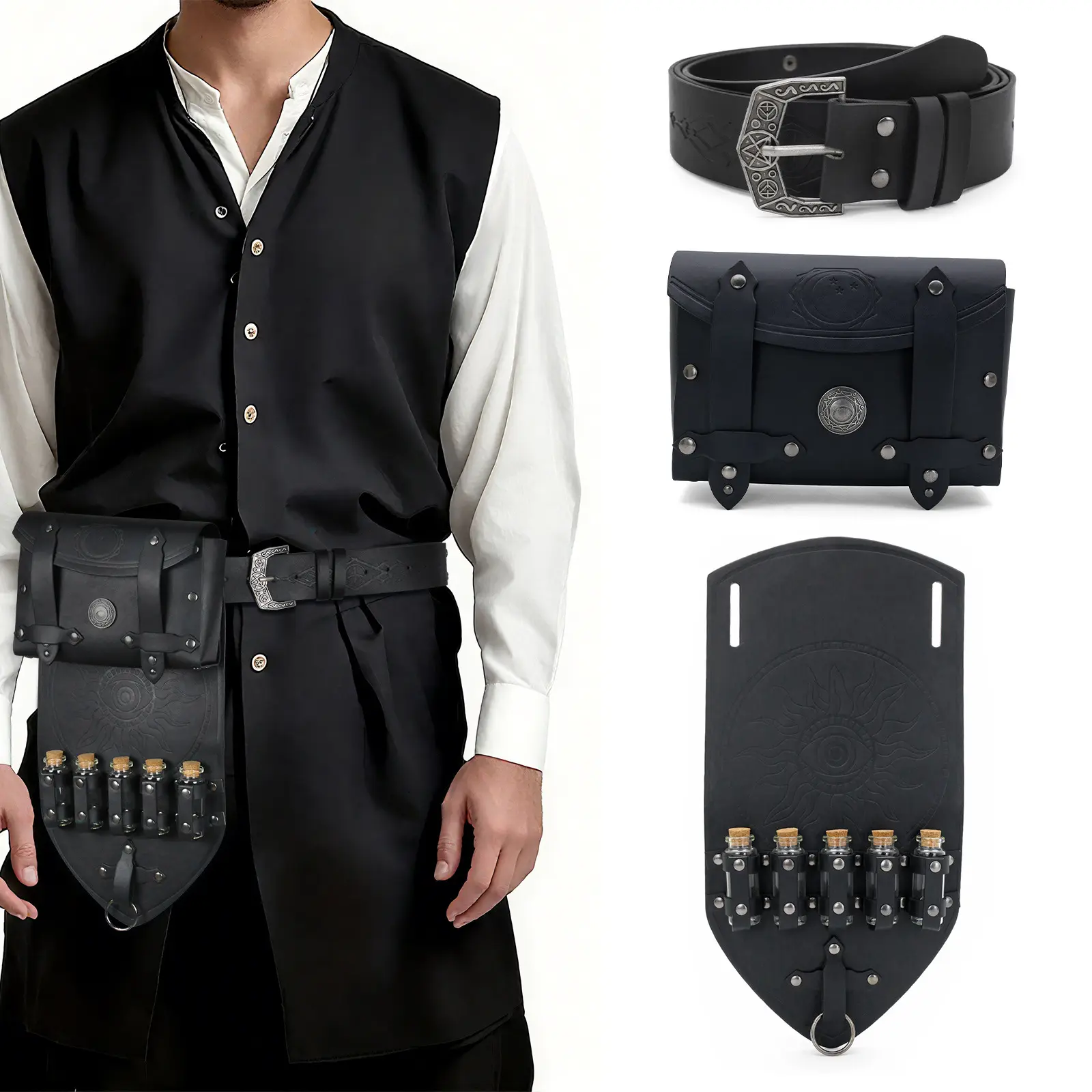 Adjustable Embossed Black Medieval Viking Leather Belt Set with 5 Glass Potion Vials, Sun Eye Motif Drop Panel Waist Pouch - Universal Size Cosplay Wear for LARP, Renaissance Faire, Halloween Costume Accessories