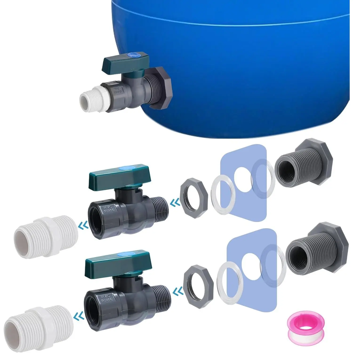 2 Pcs Easy Install Rain Barrel Spigot Kit, 3/4 Inch Rain Barrel Valve with Hose Faucet Adapter Thread Sealing Tape, Durable PVC Barrel Diverter Kit for Garden Barrels Water Tanks Aquariums